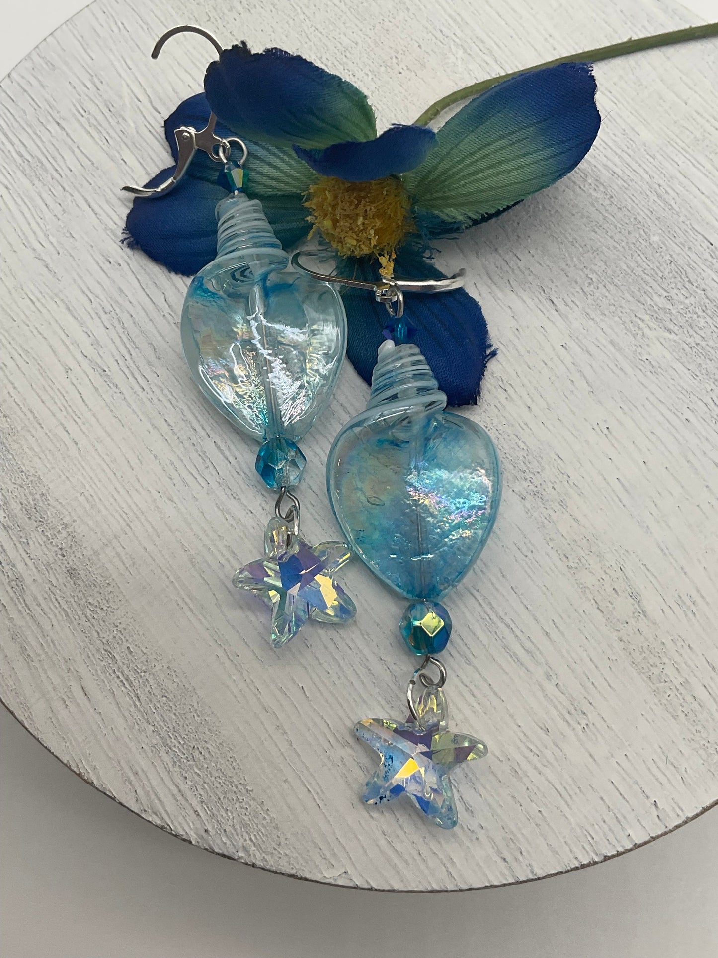 Blue Glass Ocean Theme Shell Dangle Drop Earrings