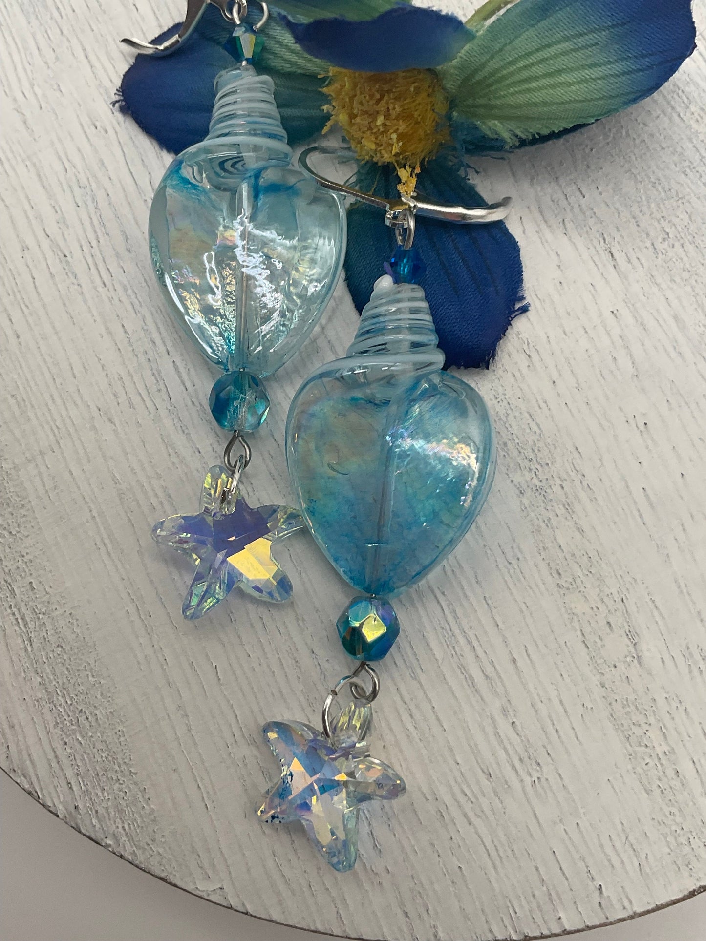 Blue Glass Ocean Theme Shell Dangle Drop Earrings