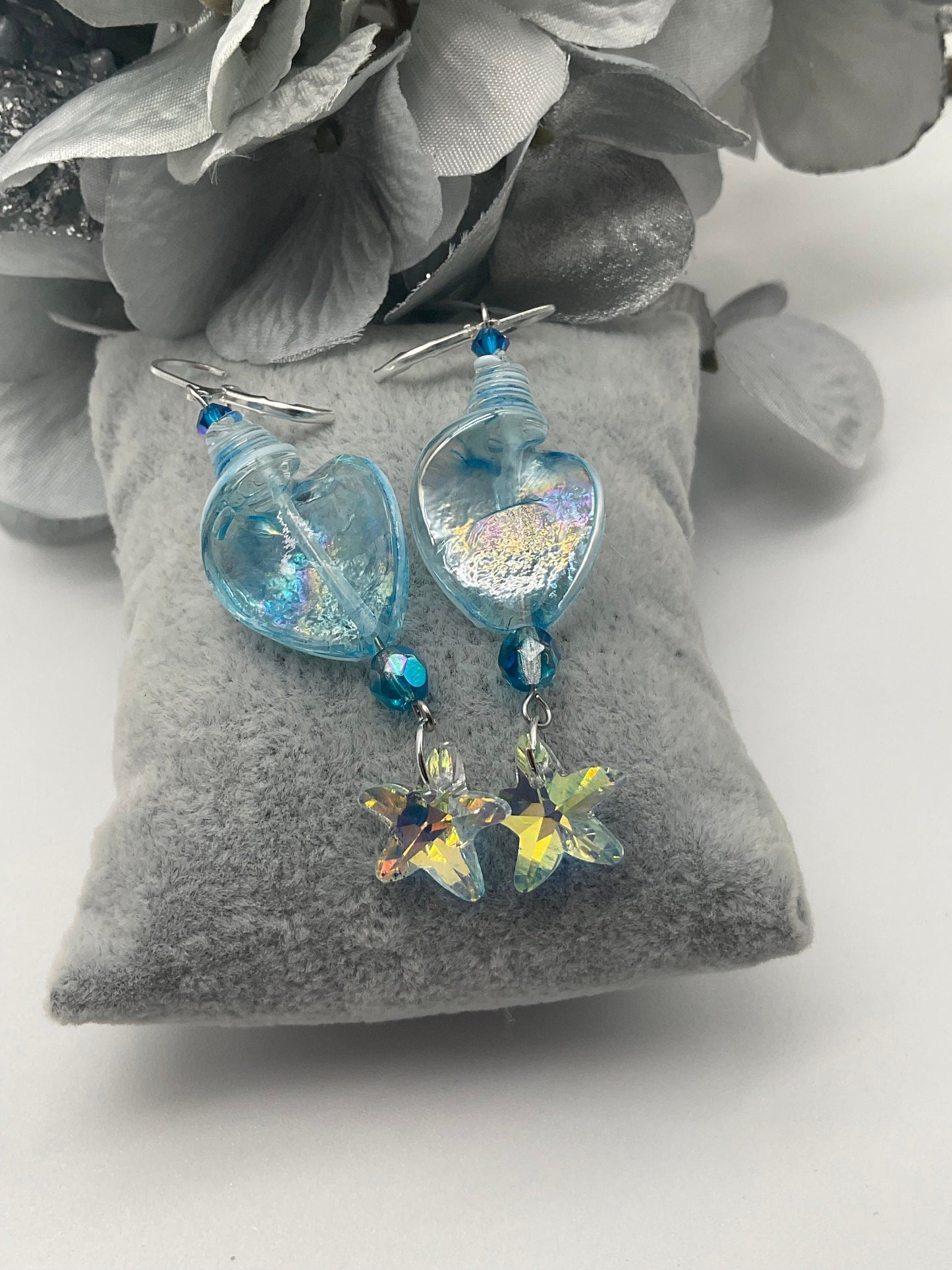 Blue Glass Ocean Theme Shell Dangle Drop Earrings