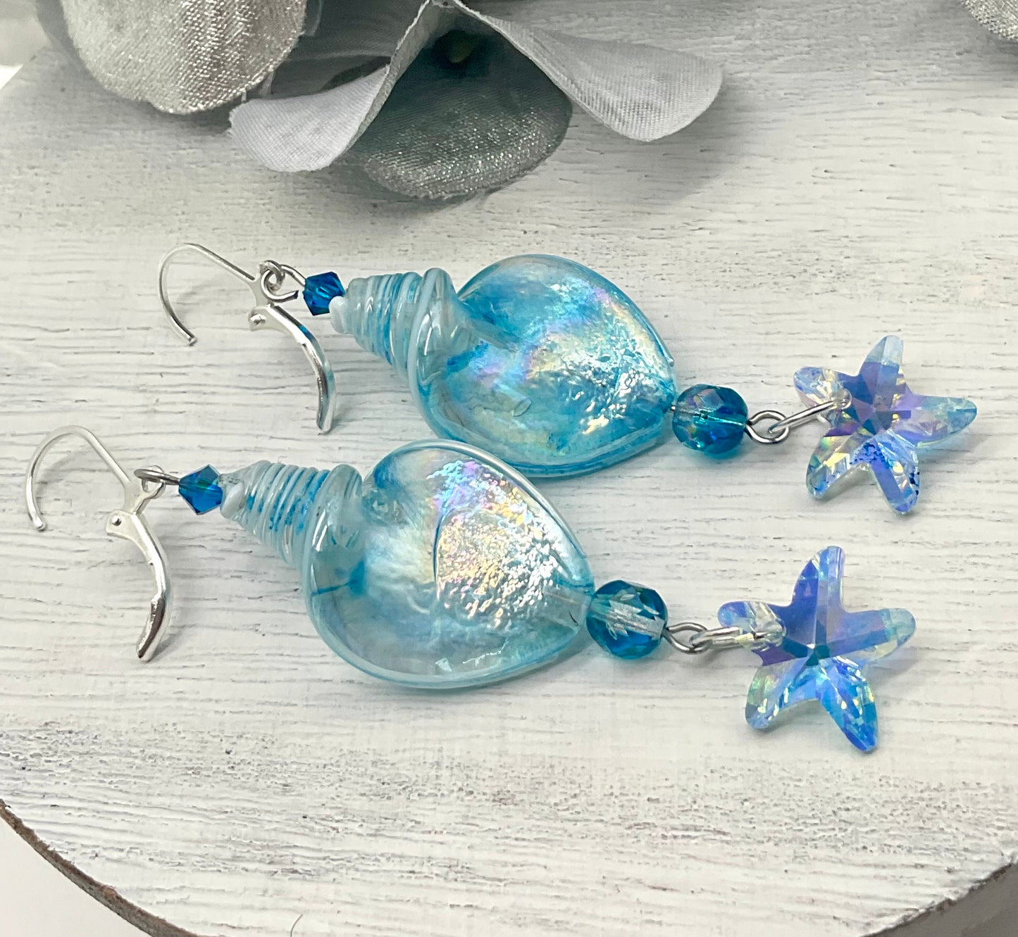 Blue Glass Ocean Theme Shell Dangle Drop Earrings
