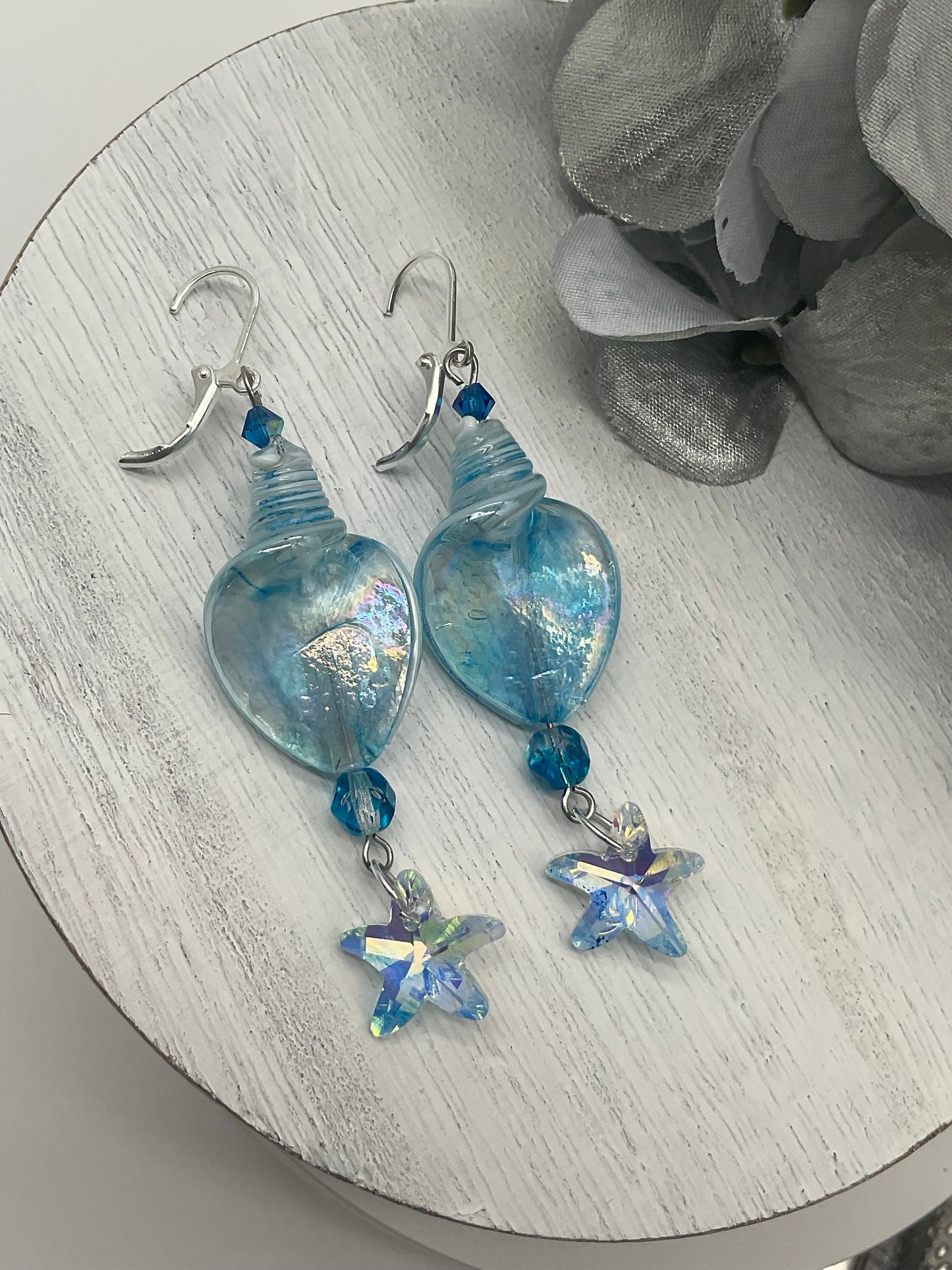 Blue Glass Ocean Theme Shell Dangle Drop Earrings