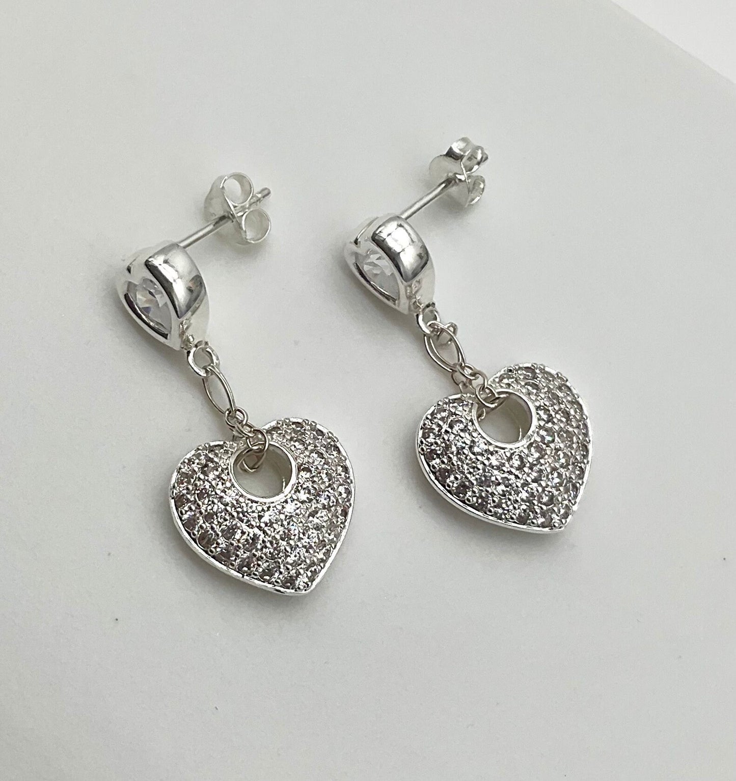 Diamond Accent Heart Dangle Earrings with Silver Heart Posts - Valentine Day Gift for Her