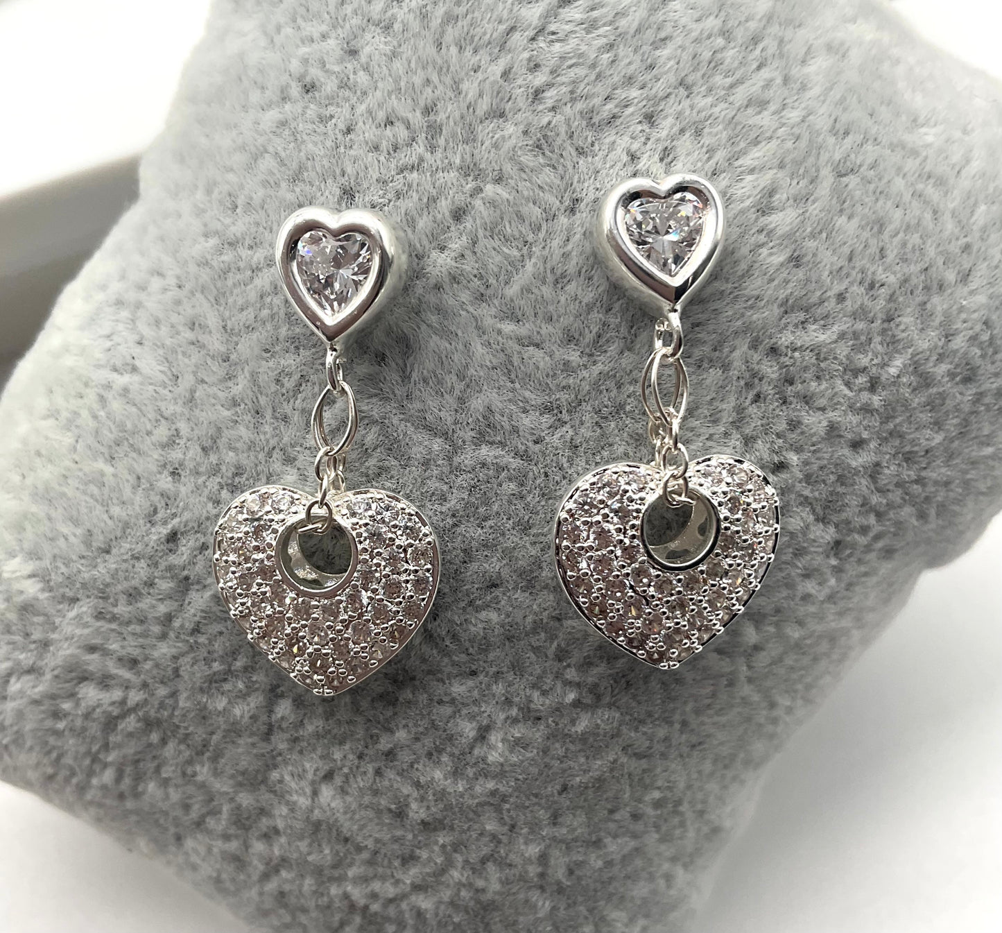 Diamond Accent Heart Dangle Earrings with Silver Heart Posts - Valentine Day Gift for Her