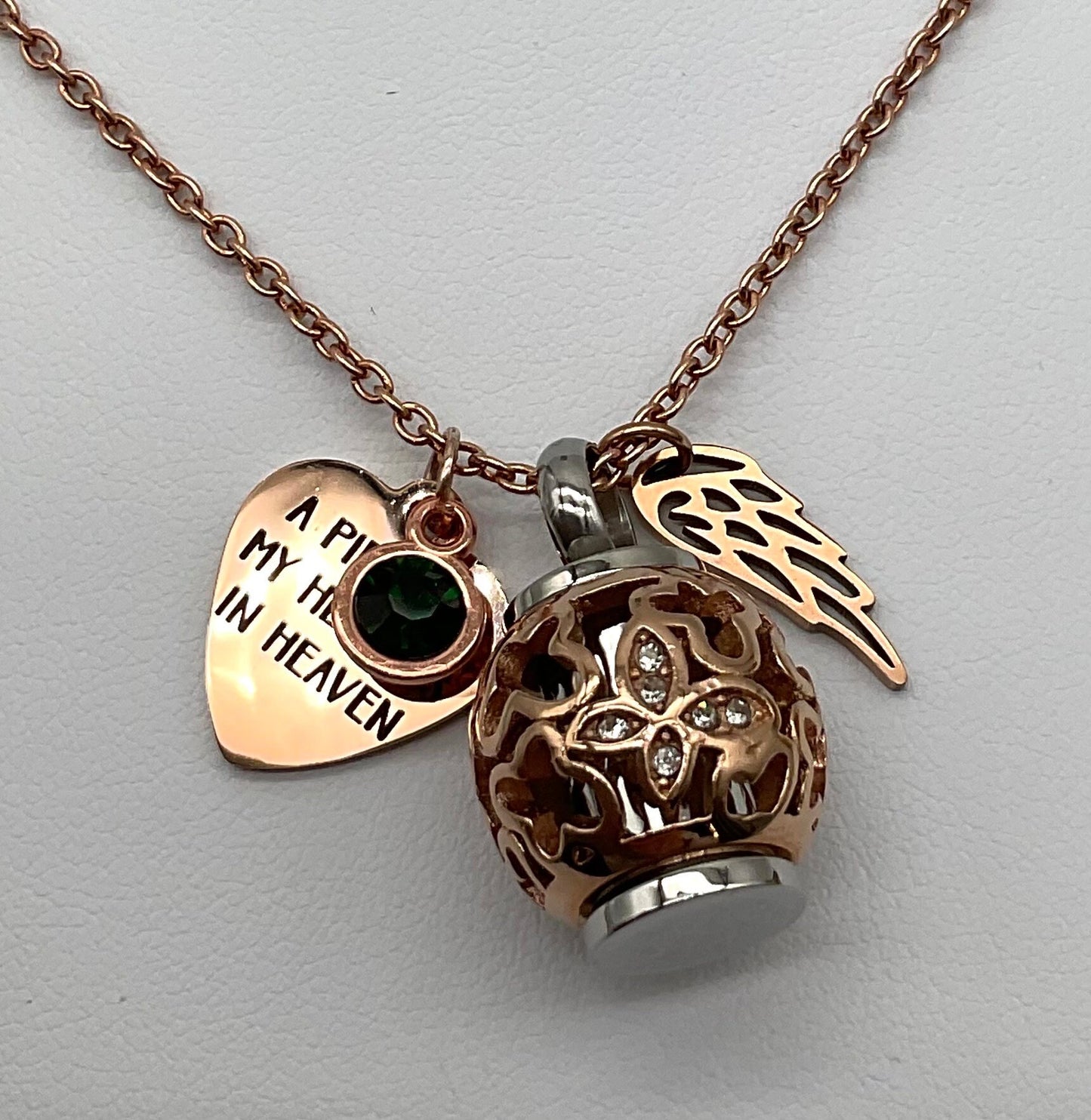 Rose Gold Ash Urn Necklace Charm Birthstone with Personalization for Male or Female Funeral Memorial