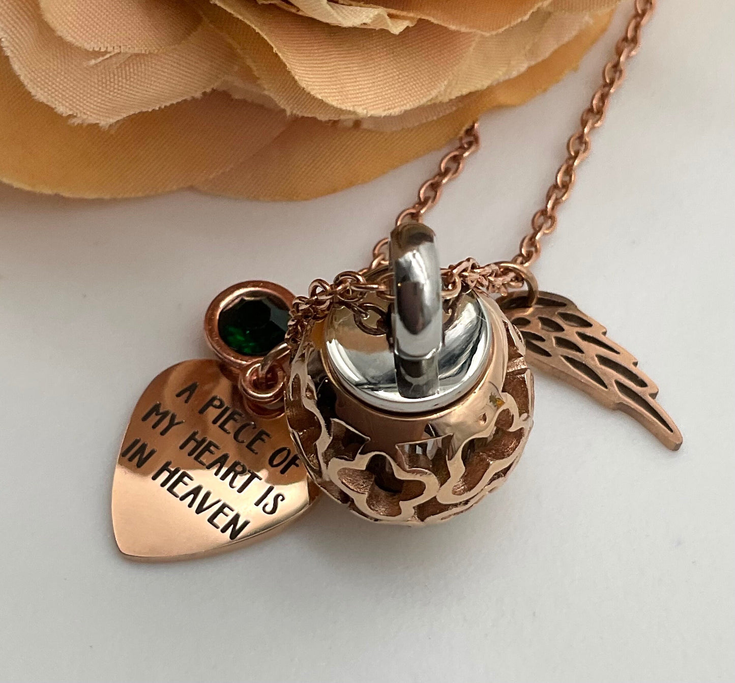 Rose Gold Ash Urn Necklace Charm Birthstone with Personalization for Male or Female Funeral Memorial