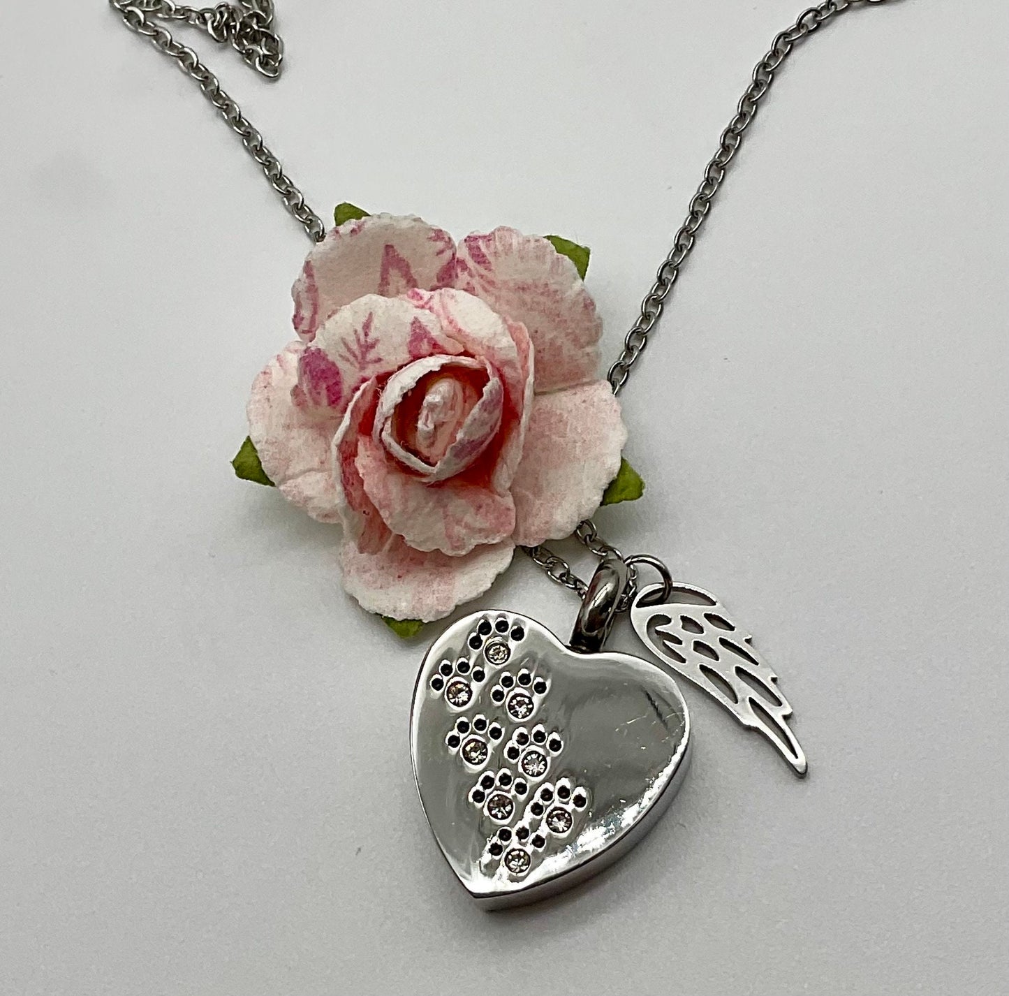 Heart Shaped Stainless Steel Ash Urn - Silver Heart with Rhinestones - Pet, Dog, Cat