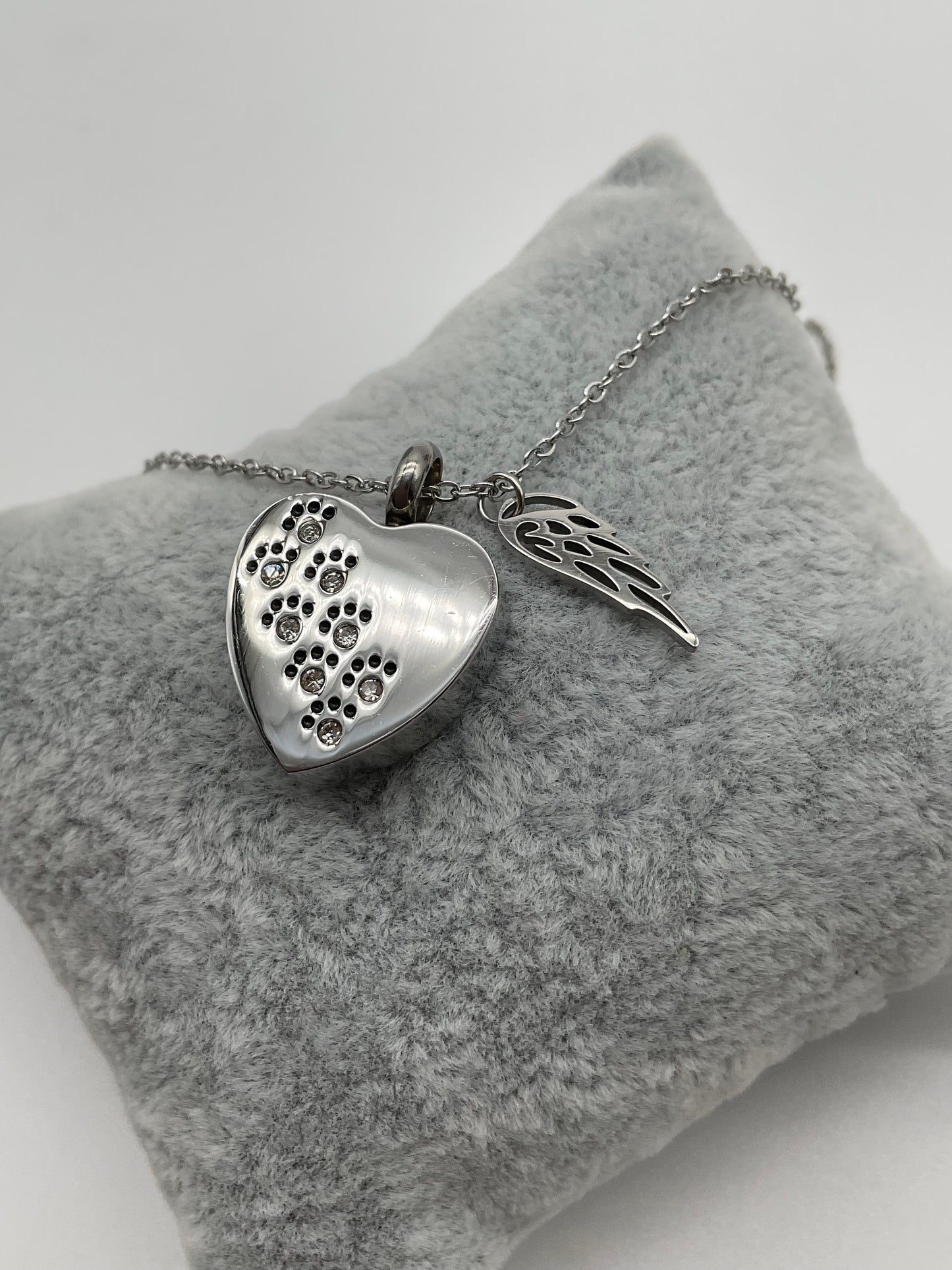 Heart Shaped Stainless Steel Ash Urn - Silver Heart with Rhinestones - Pet, Dog, Cat