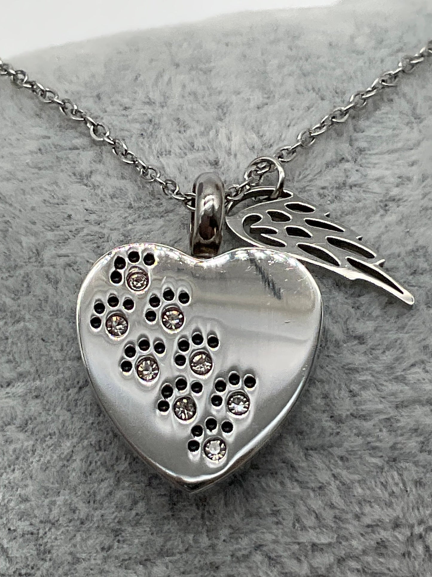 Heart Shaped Stainless Steel Ash Urn - Silver Heart with Rhinestones - Pet, Dog, Cat