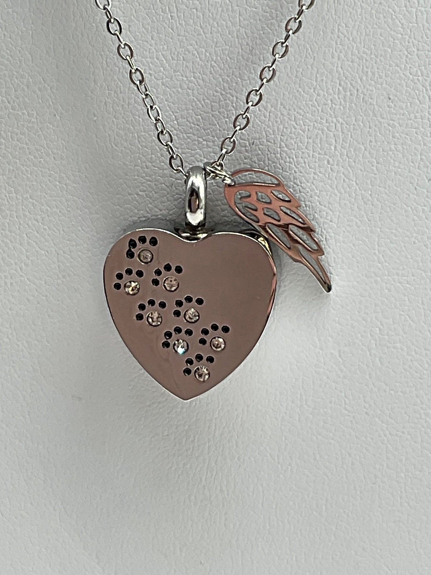 Heart Shaped Stainless Steel Ash Urn - Silver Heart with Rhinestones - Pet, Dog, Cat