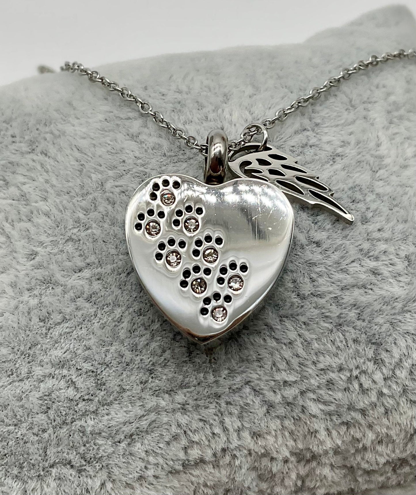 Heart Shaped Stainless Steel Ash Urn - Silver Heart with Rhinestones - Pet, Dog, Cat
