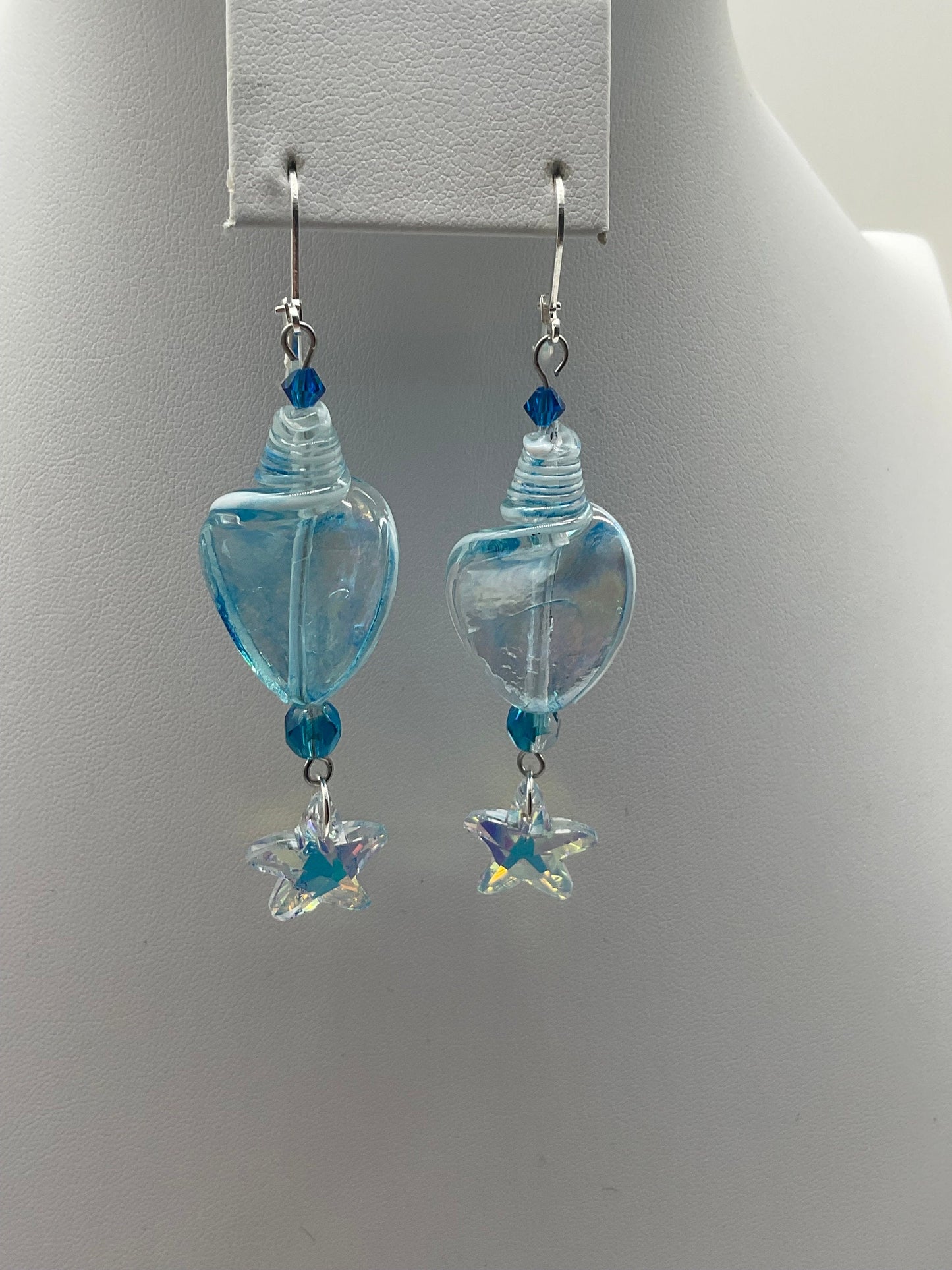 Blue Glass Ocean Theme Shell Dangle Drop Earrings
