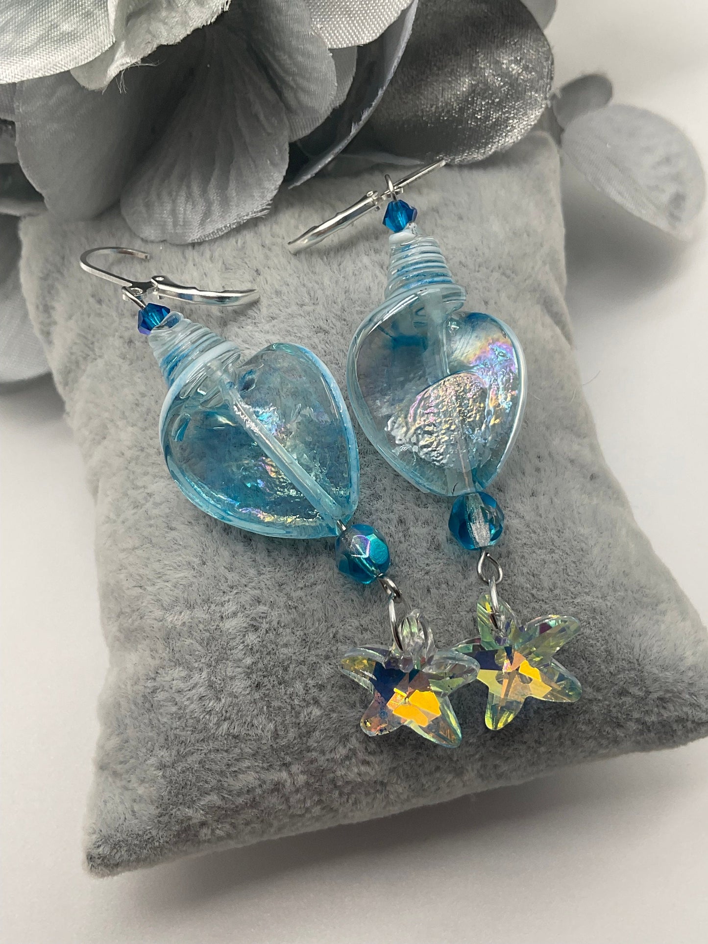 Blue Glass Ocean Theme Shell Dangle Drop Earrings