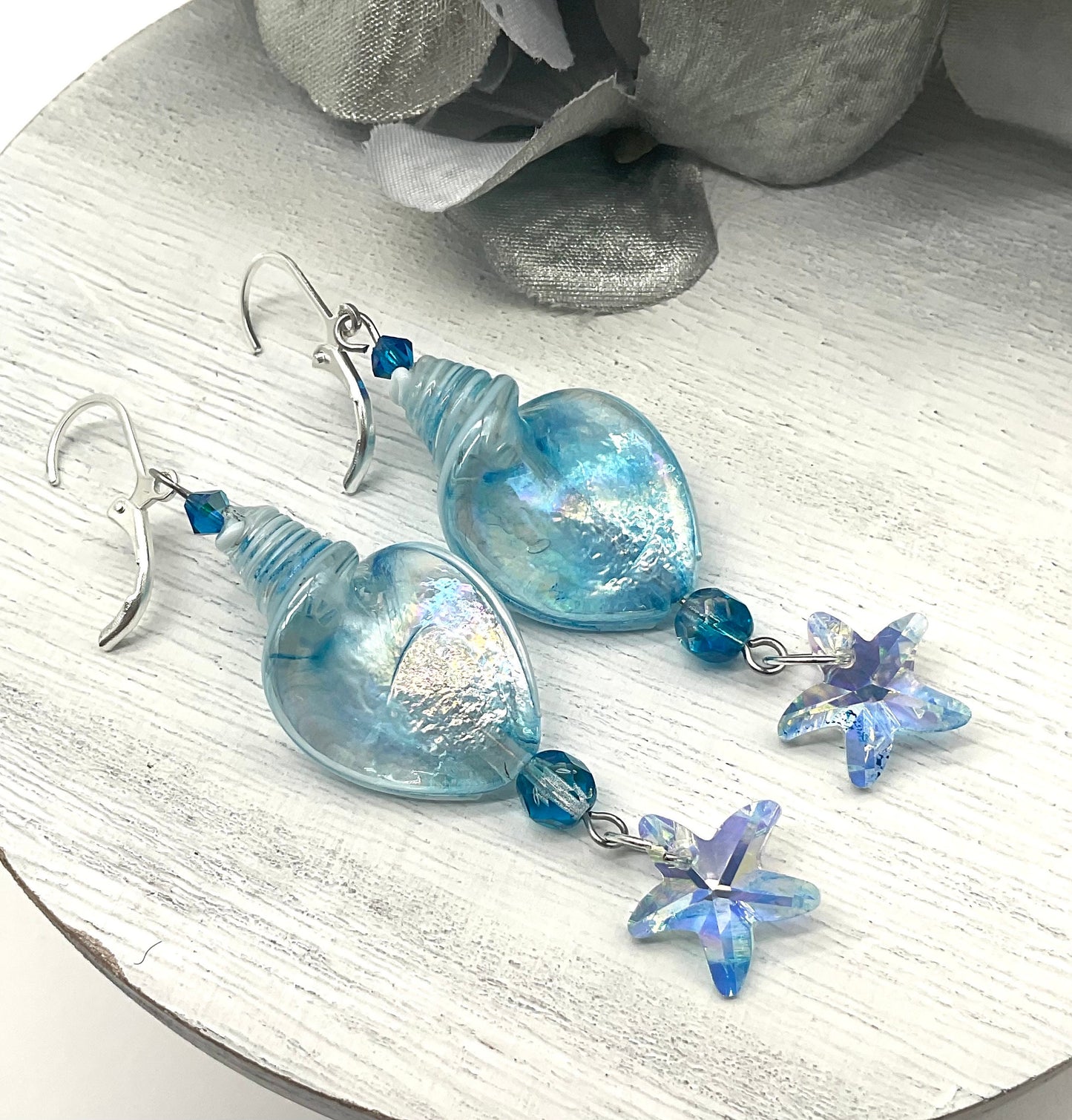 Blue Glass Ocean Theme Shell Dangle Drop Earrings