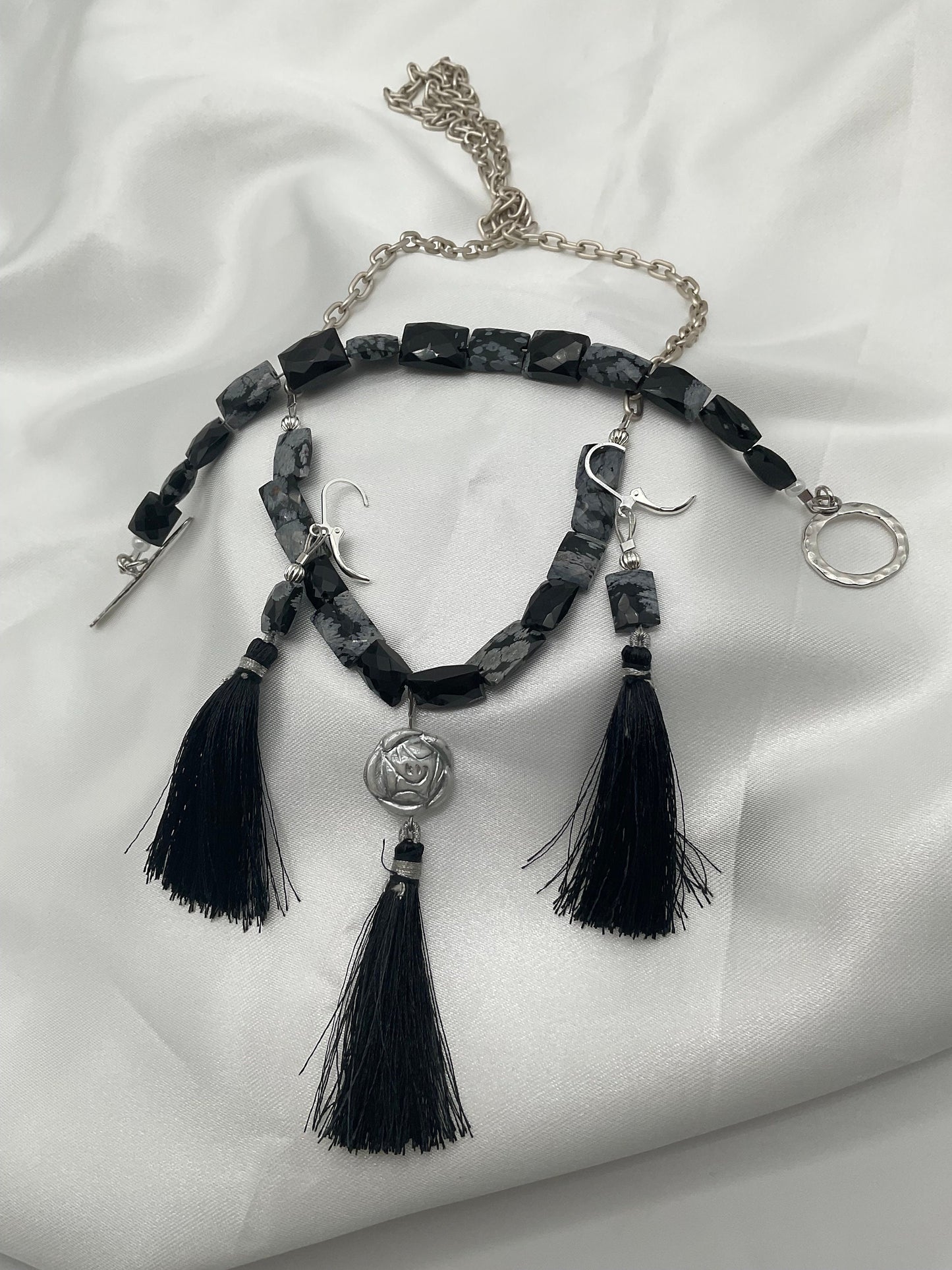 Natural Stone Snowflake Obsidian Necklace with Bracelet and Matching Earring Set - Guard Negative Energy