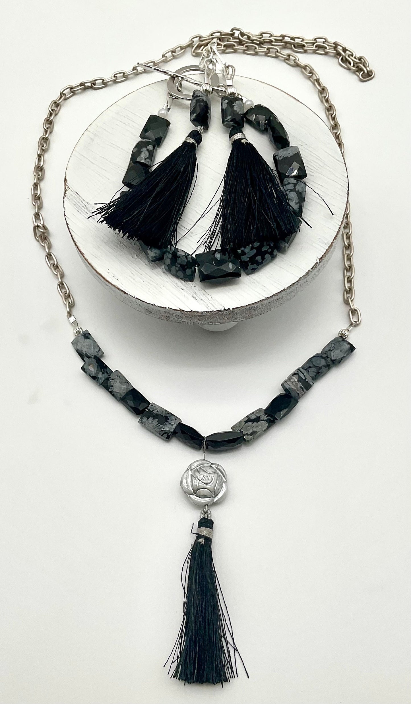 Natural Stone Snowflake Obsidian Necklace with Bracelet and Matching Earring Set - Guard Negative Energy