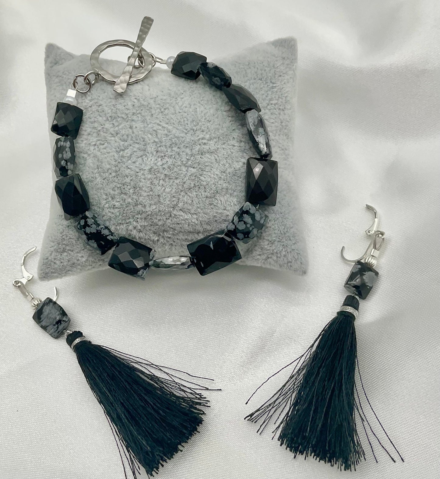 Natural Stone Snowflake Obsidian Necklace with Bracelet and Matching Earring Set - Guard Negative Energy
