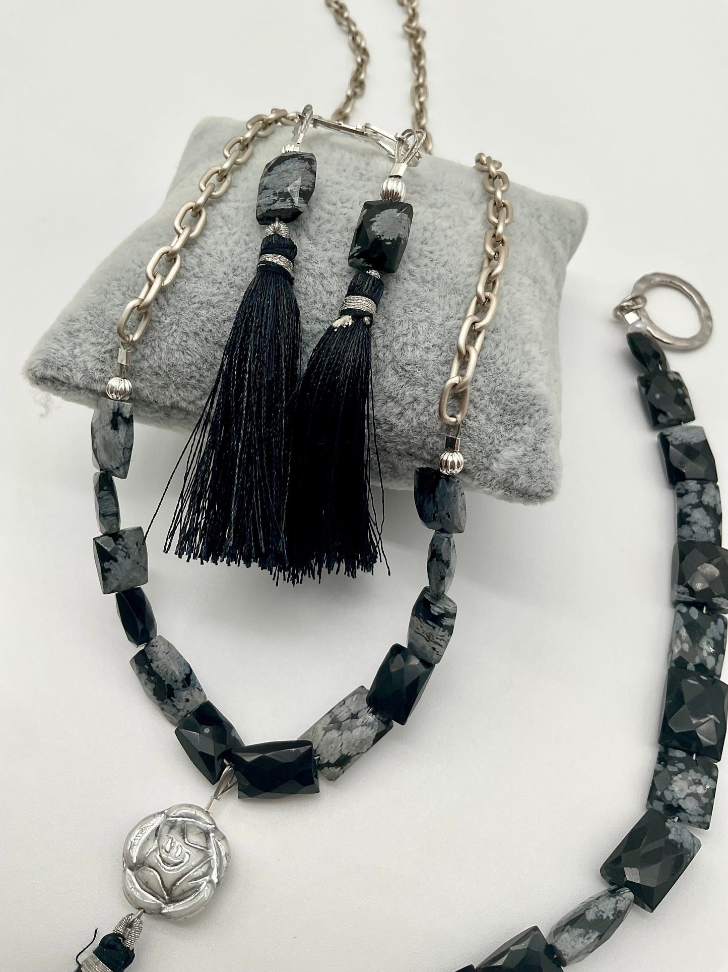 Natural Stone Snowflake Obsidian Necklace with Bracelet and Matching Earring Set - Guard Negative Energy