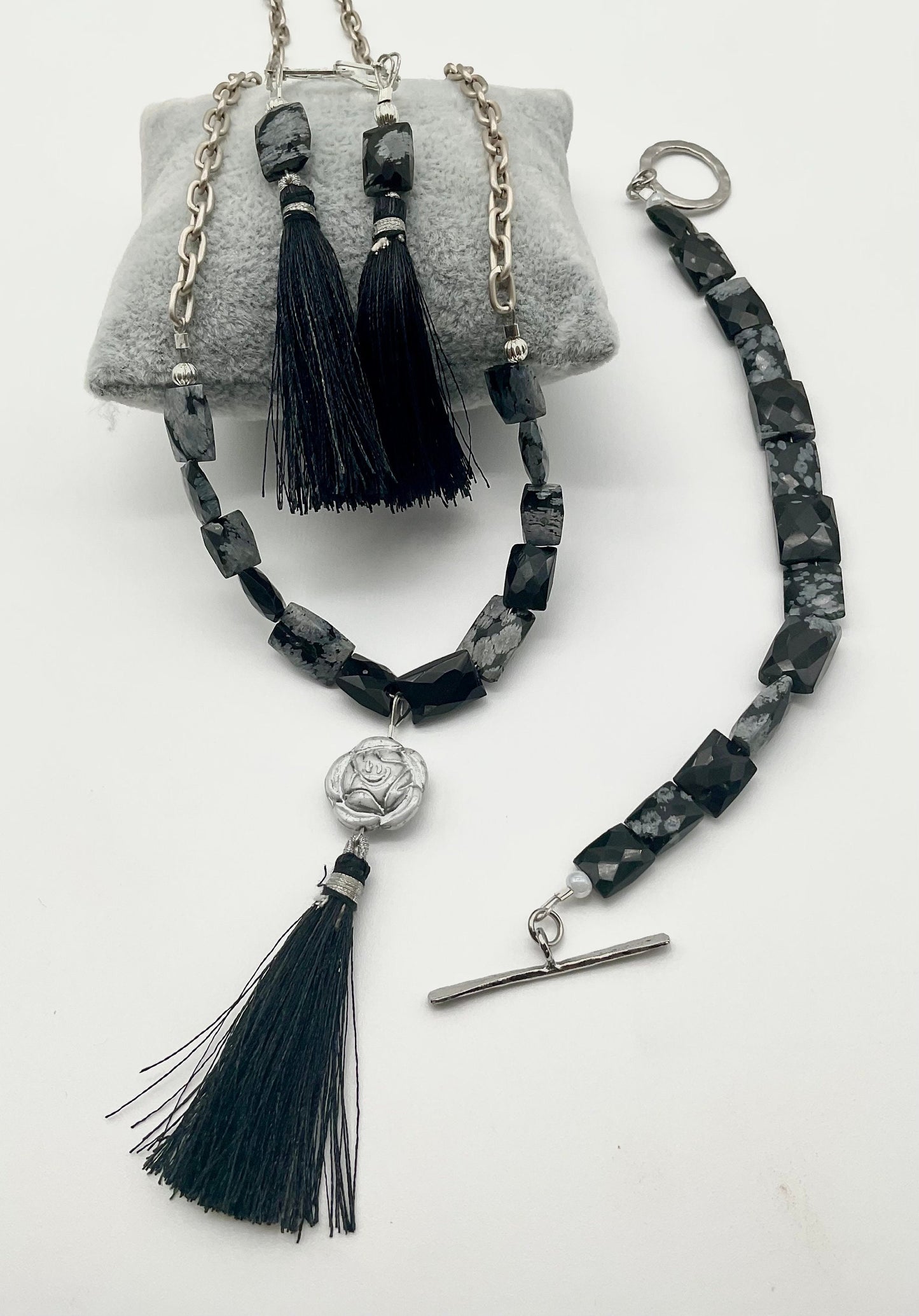 Natural Stone Snowflake Obsidian Necklace with Bracelet and Matching Earring Set - Guard Negative Energy