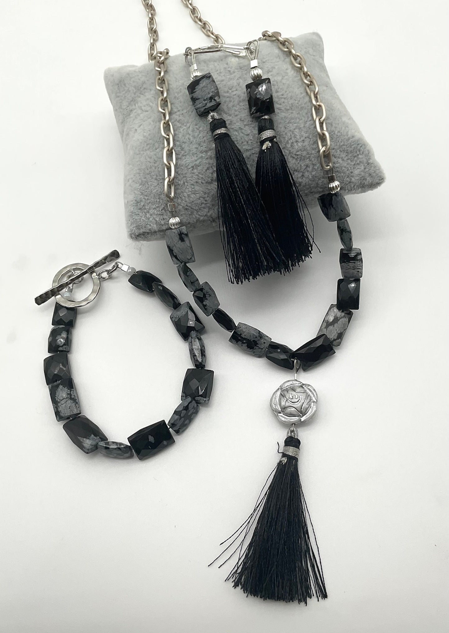 Natural Stone Snowflake Obsidian Necklace with Bracelet and Matching Earring Set - Guard Negative Energy