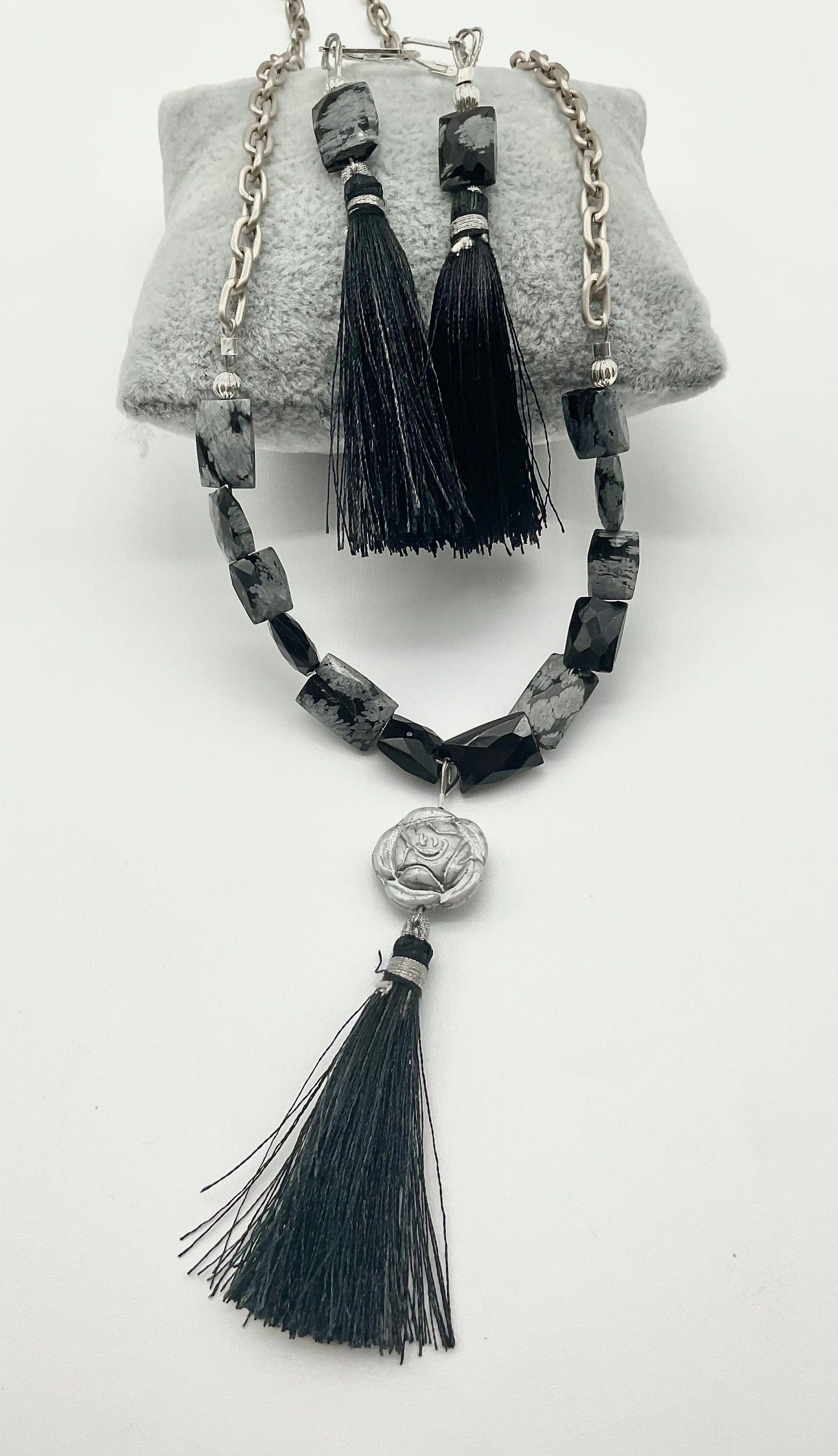 Natural Stone Snowflake Obsidian Necklace with Bracelet and Matching Earring Set - Guard Negative Energy
