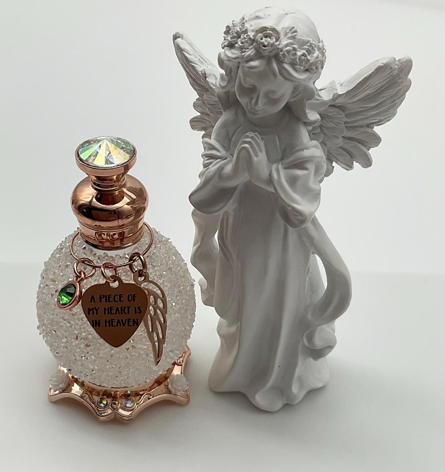 White Memorial Cremation Funeral Ash Urn with Charm Genuine Crystal Top , Birthstone and Angel Wing, and Personalized Heart Charm