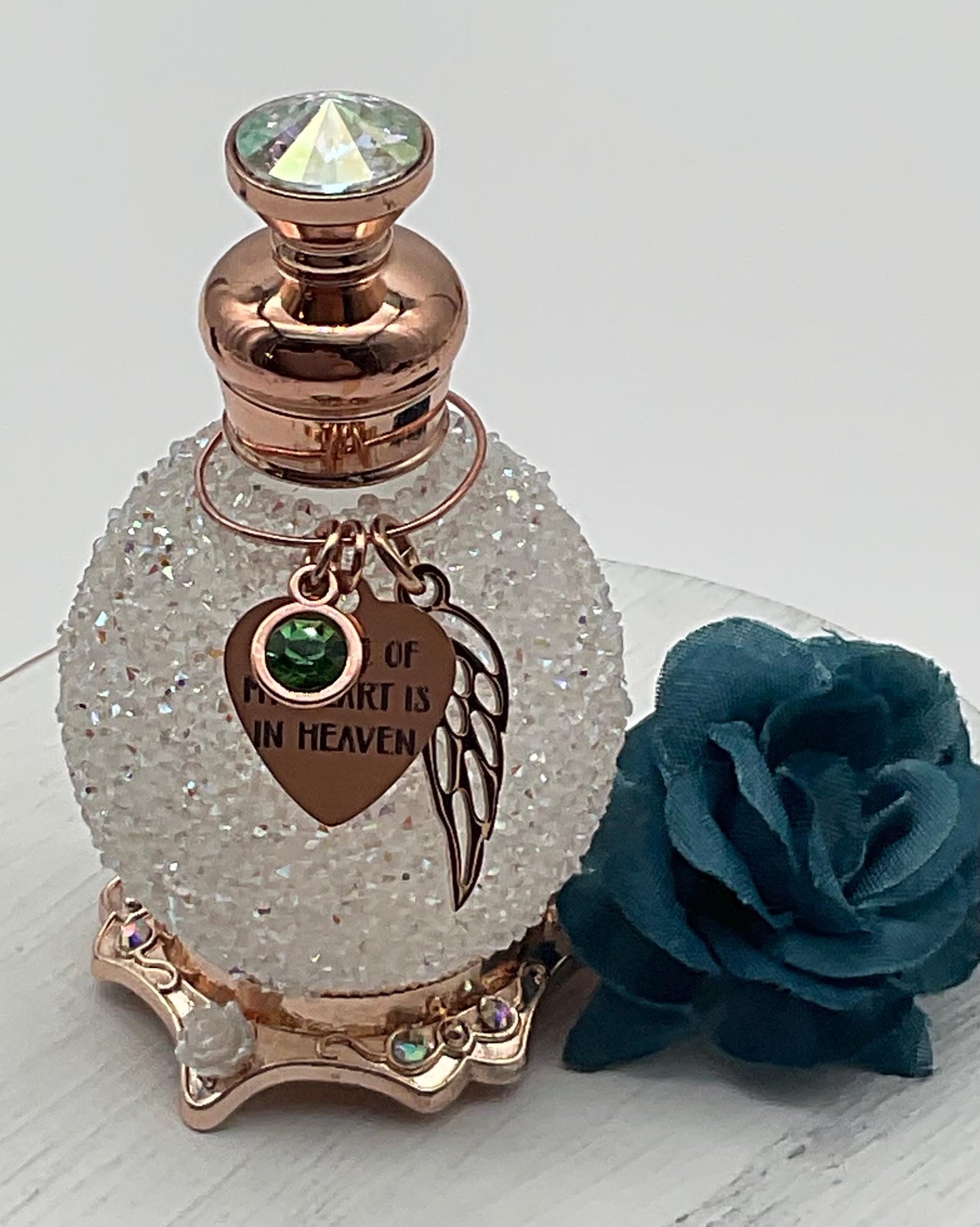 White Memorial Cremation Funeral Ash Urn with Charm Genuine Crystal Top , Birthstone and Angel Wing, and Personalized Heart Charm