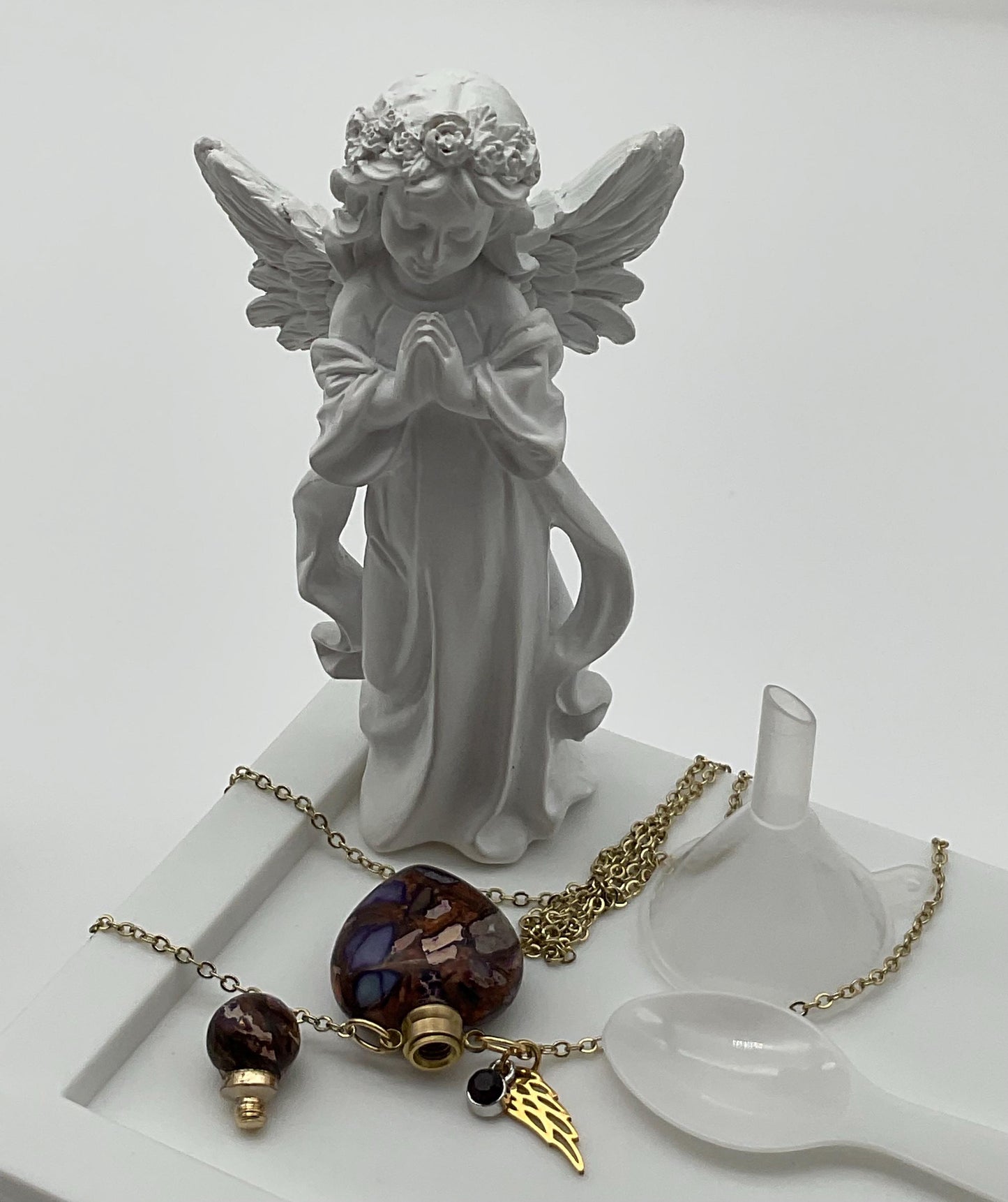 Natural Stone Purple with Gold Accents Ash Urn Necklace with Birthstone and Angel Wing Charm - Funeral Memorial Jewelry