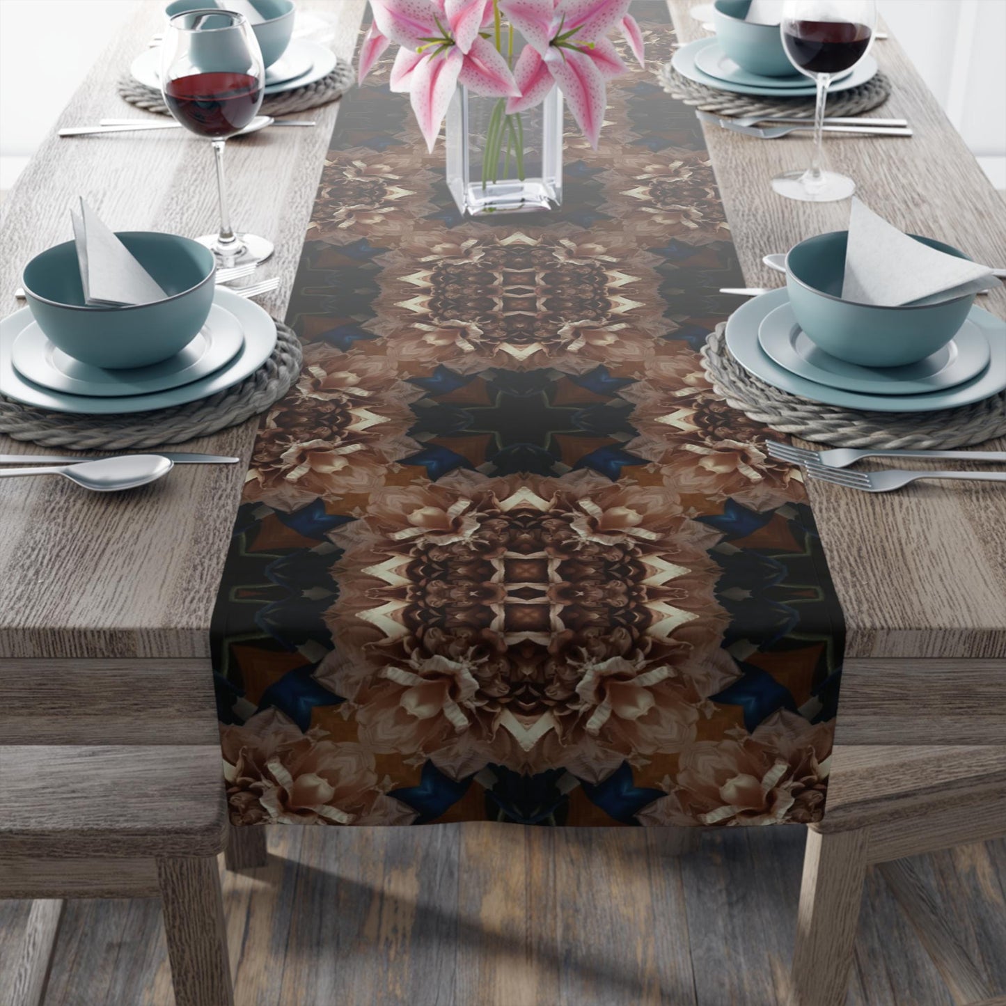 Table Runner (Cotton, Poly) - Navy Blue and Tan