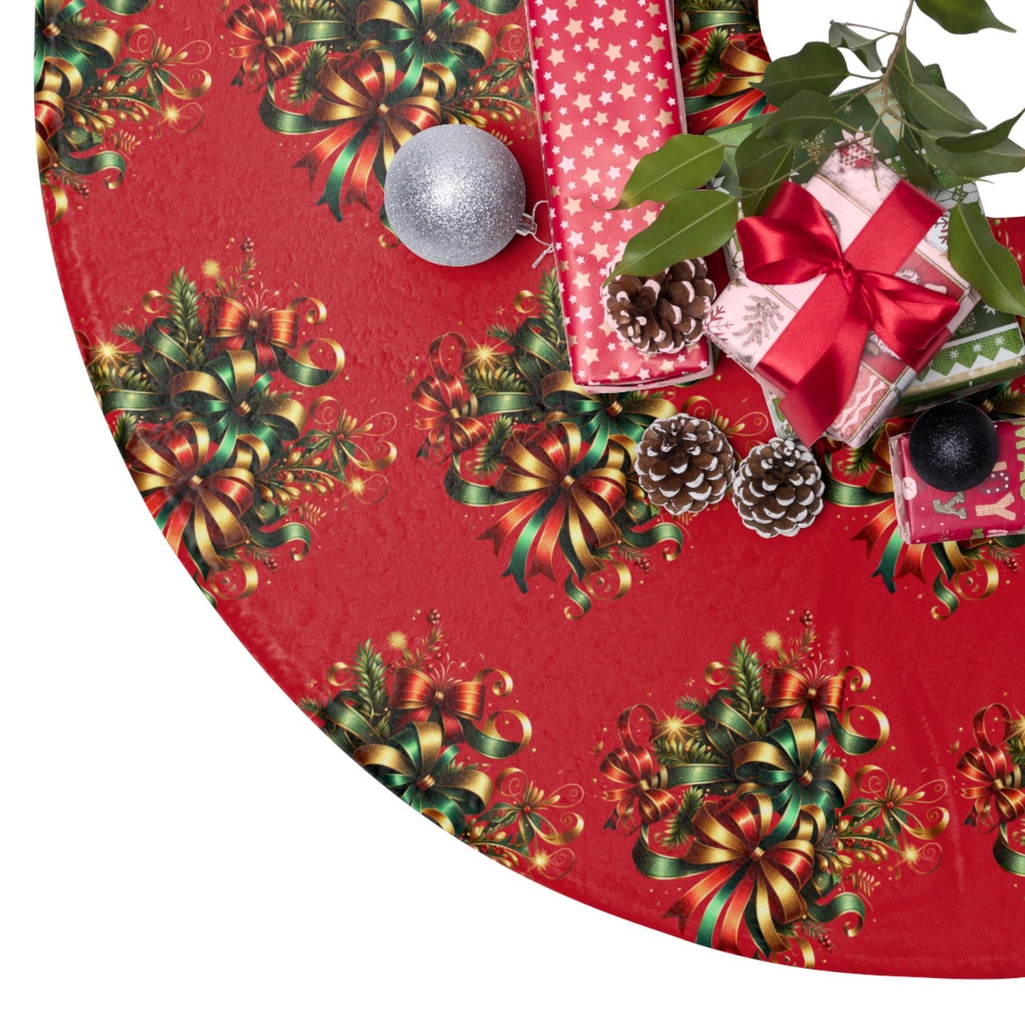 Christmas Tree Skirts Decor - Green, Red, and Gold Ribbon
