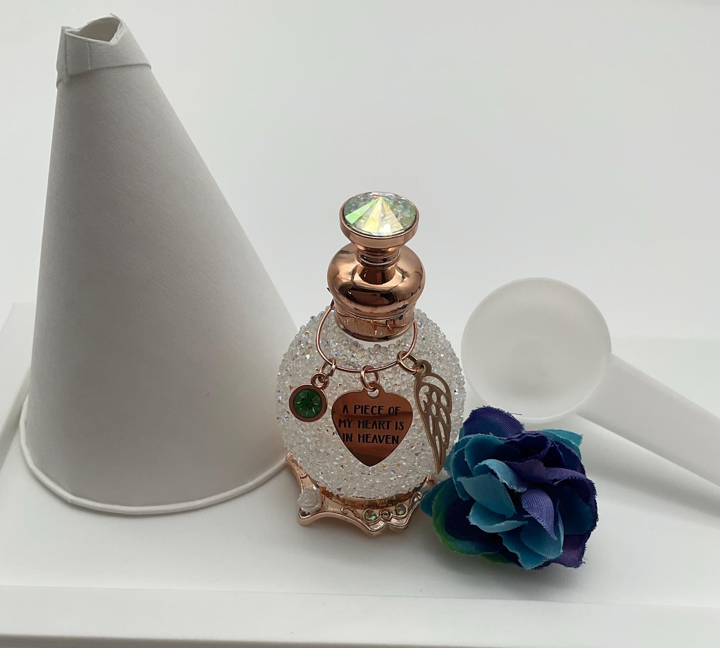 White Memorial Cremation Funeral Ash Urn with Charm Genuine Crystal Top , Birthstone and Angel Wing, and Personalized Heart Charm