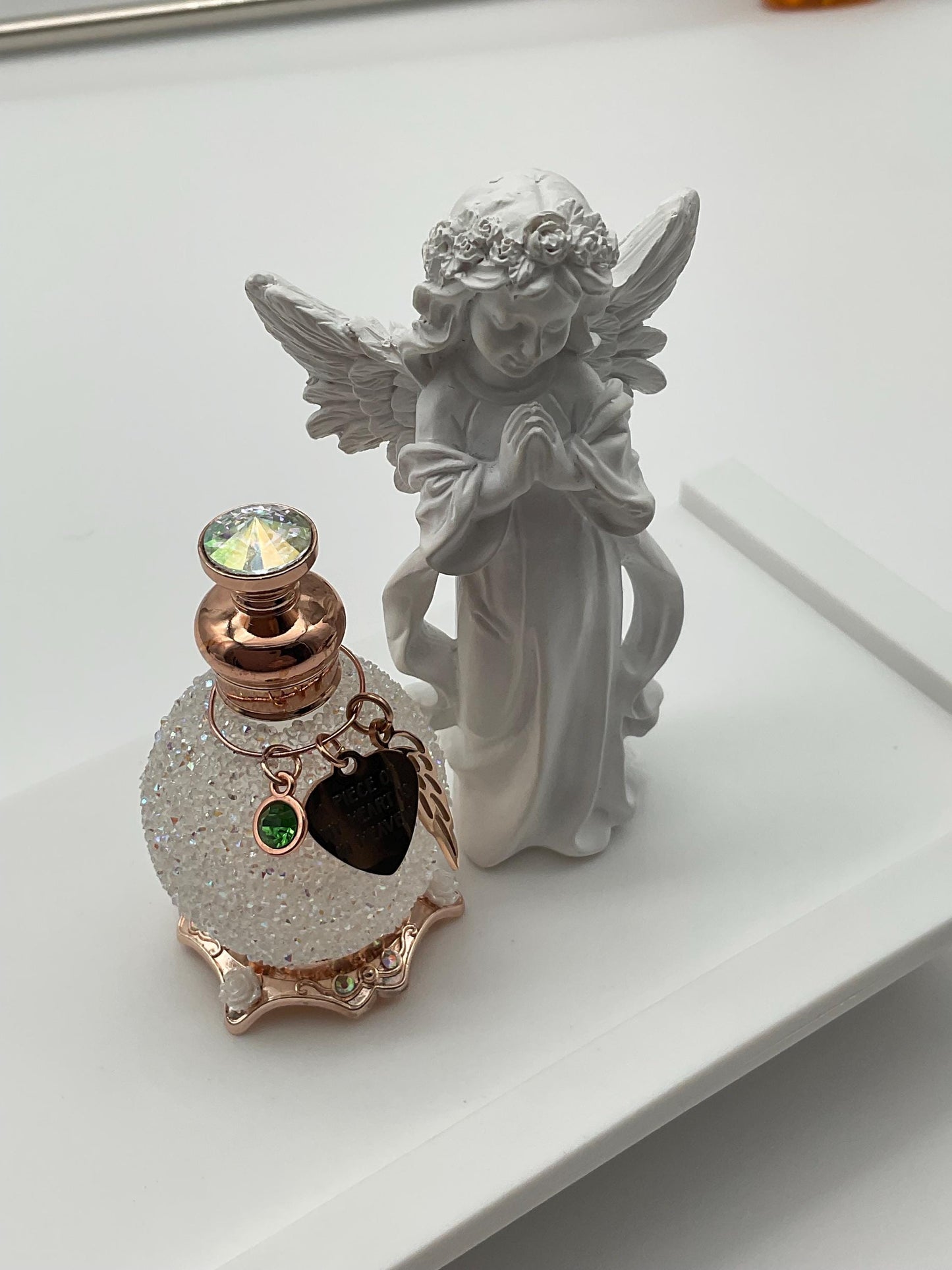 White Memorial Cremation Funeral Ash Urn with Charm Genuine Crystal Top , Birthstone and Angel Wing, and Personalized Heart Charm