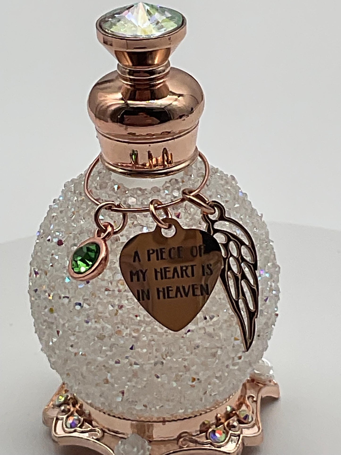 White Memorial Cremation Funeral Ash Urn with Charm Genuine Crystal Top , Birthstone and Angel Wing, and Personalized Heart Charm