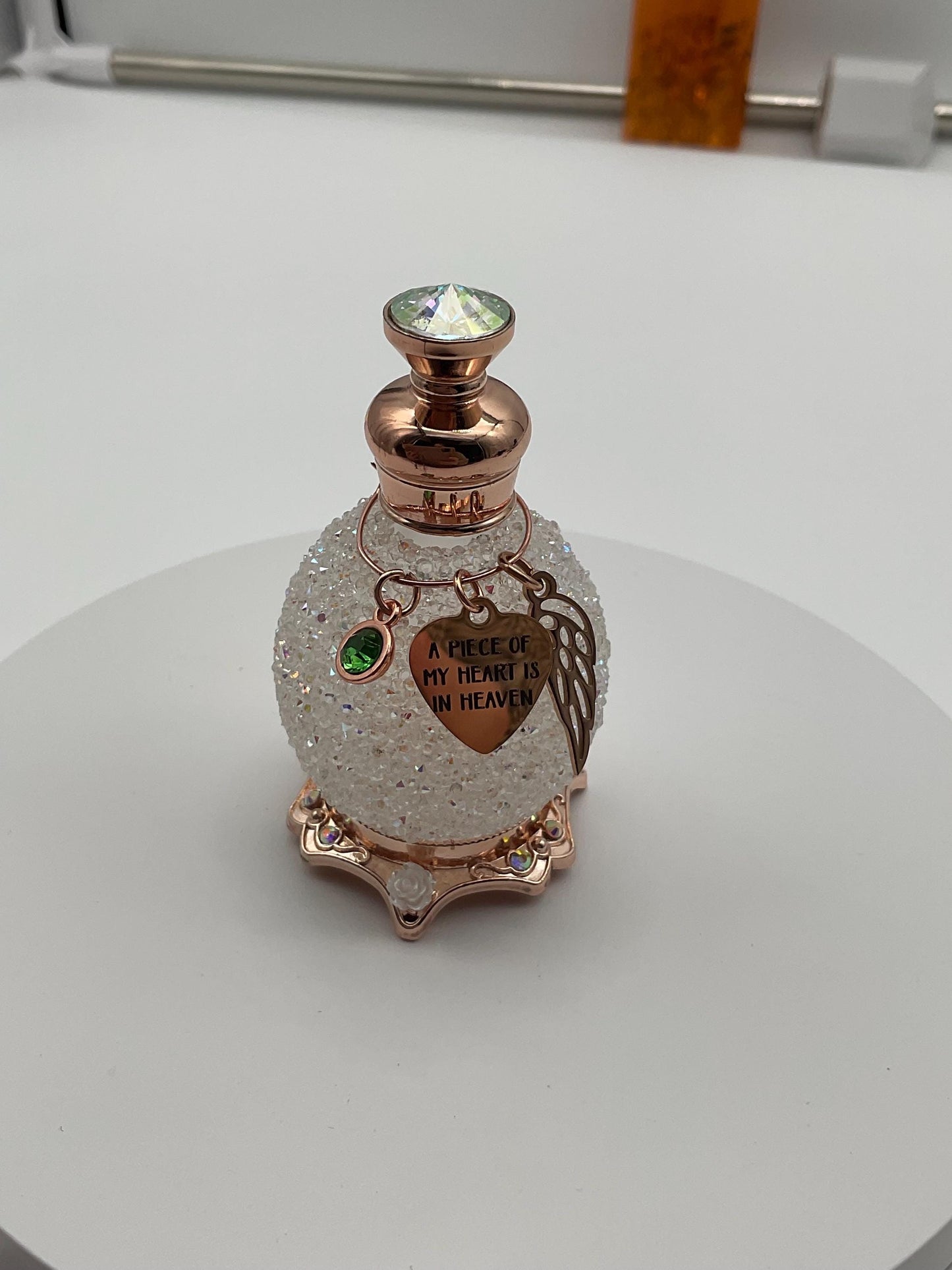 White Memorial Cremation Funeral Ash Urn with Charm Genuine Crystal Top , Birthstone and Angel Wing, and Personalized Heart Charm