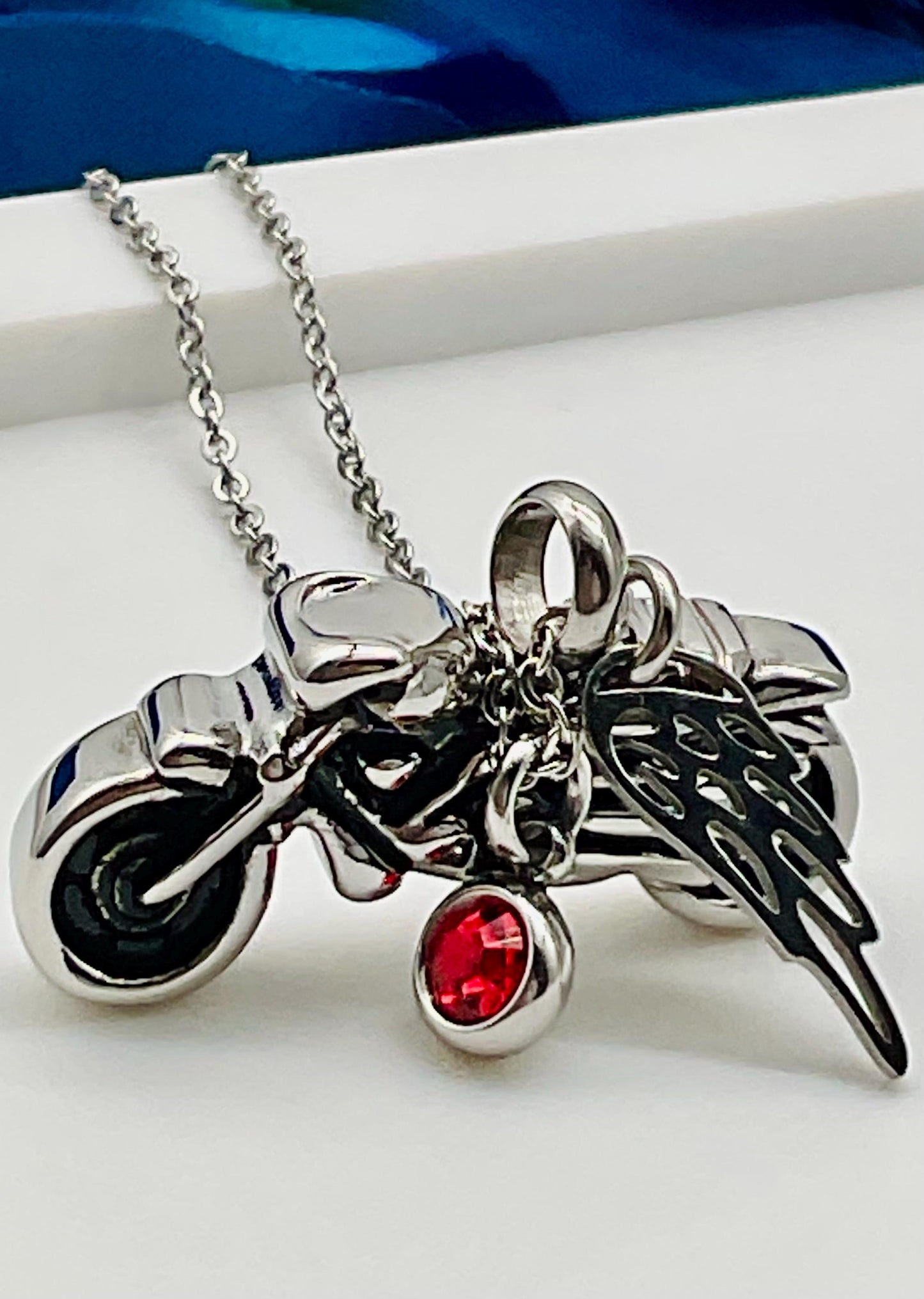 Motorcycle Ash Urn Necklace with Angel Wing and Birthstone