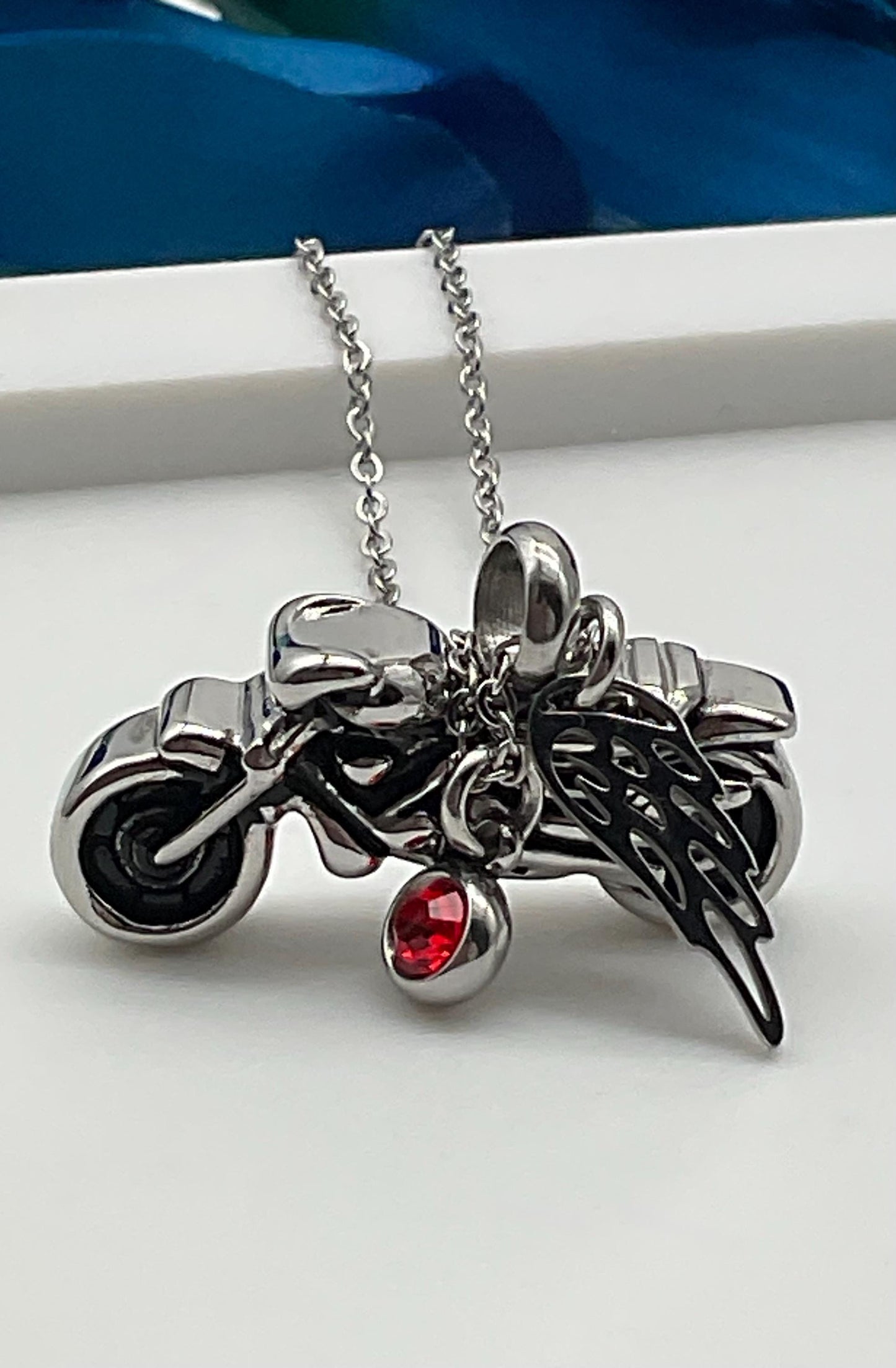 Motorcycle Ash Urn Necklace with Angel Wing and Birthstone