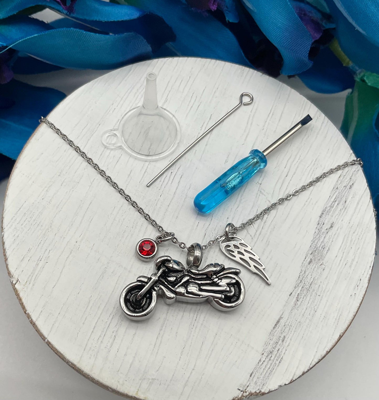 Motorcycle Ash Urn Necklace with Angel Wing and Birthstone