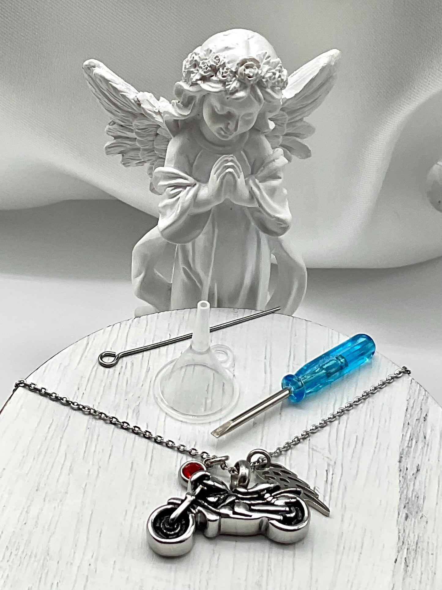 Motorcycle Ash Urn Necklace with Angel Wing and Birthstone