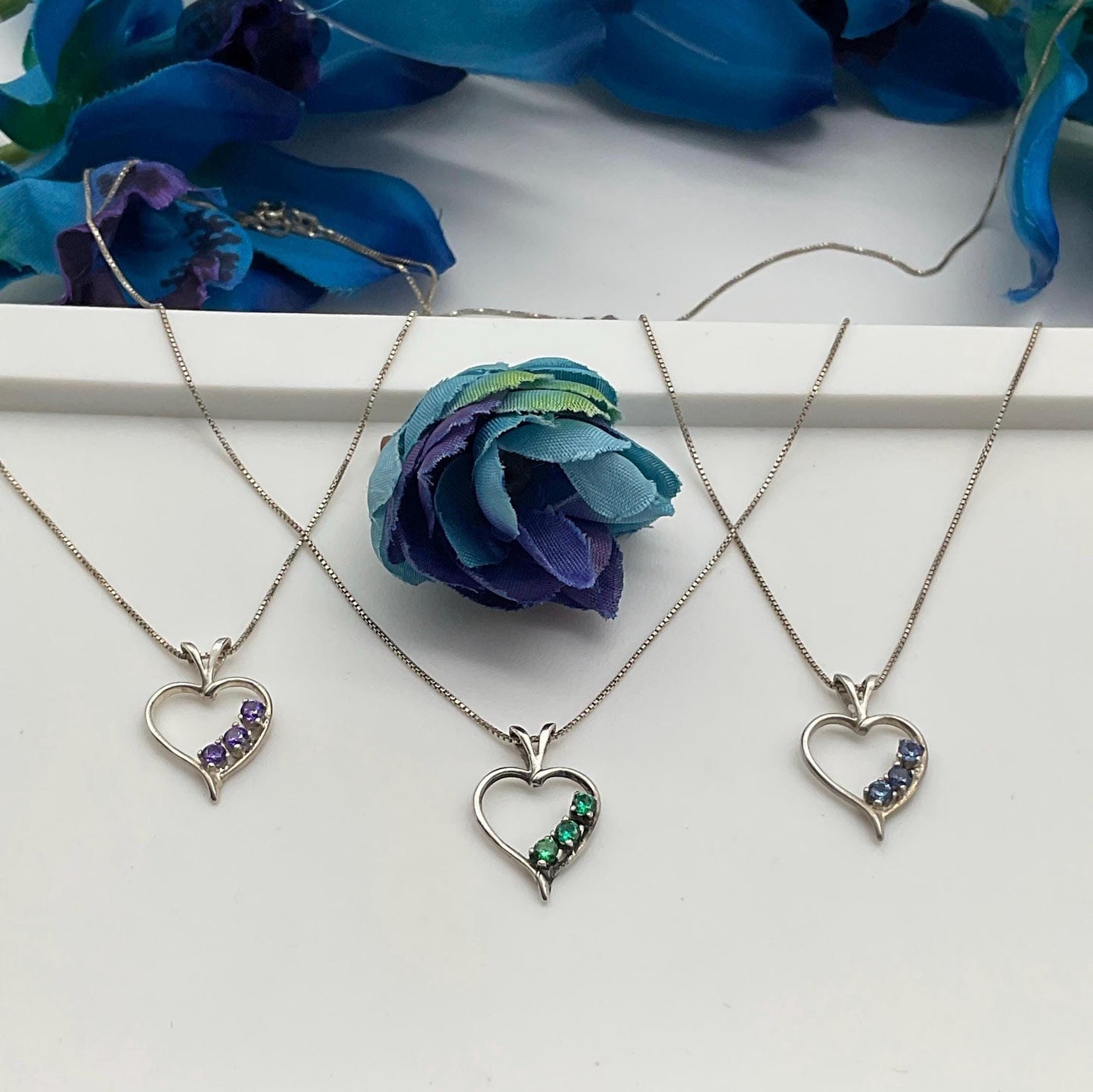 925 Sterling Silver Heart Pendant Charm with Genuime Crystal Necklace on 18” Sterling Silver Chain - Aqua or Blue - Valentine’s Gift