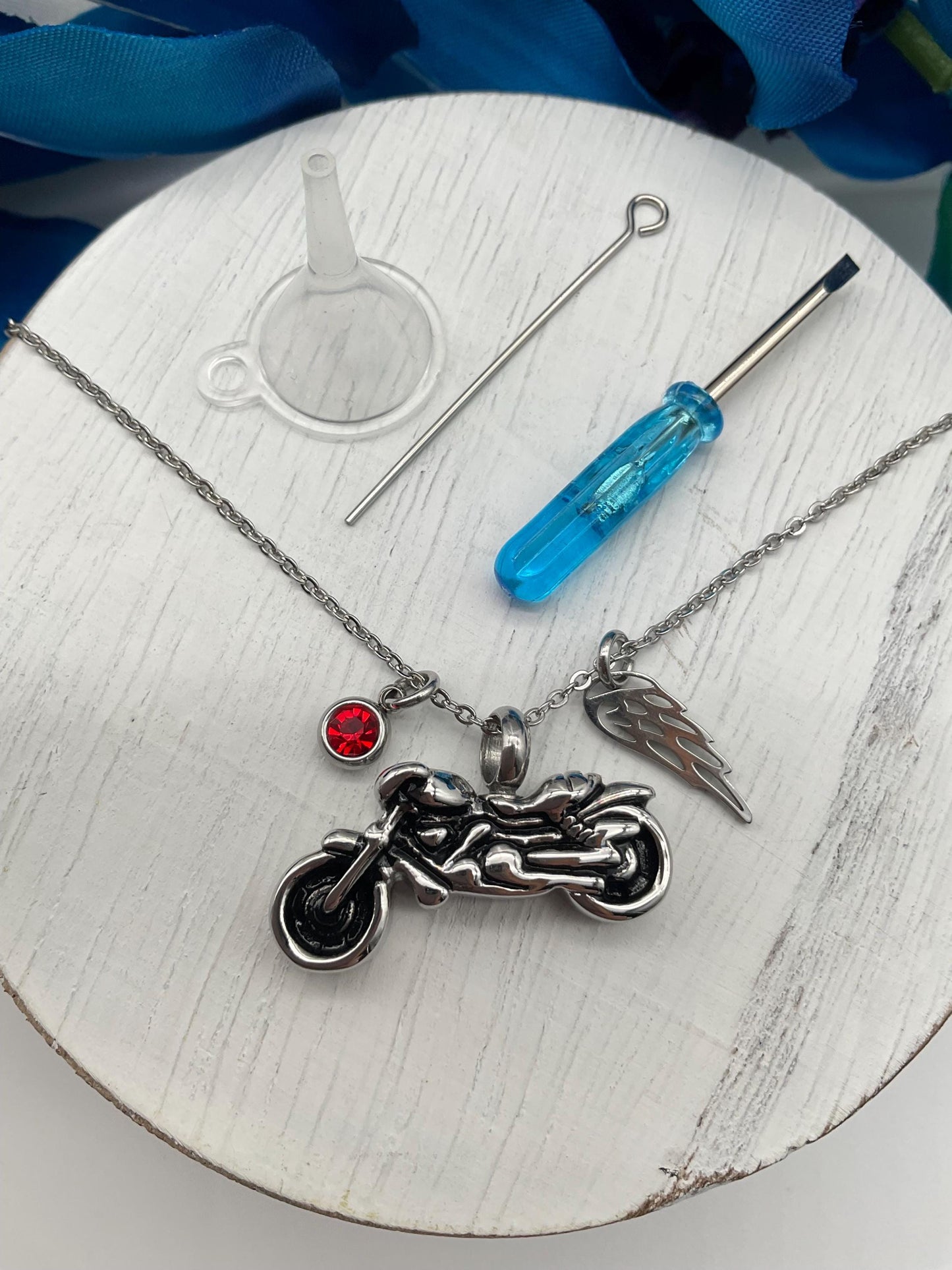 Motorcycle Ash Urn Necklace with Angel Wing and Birthstone