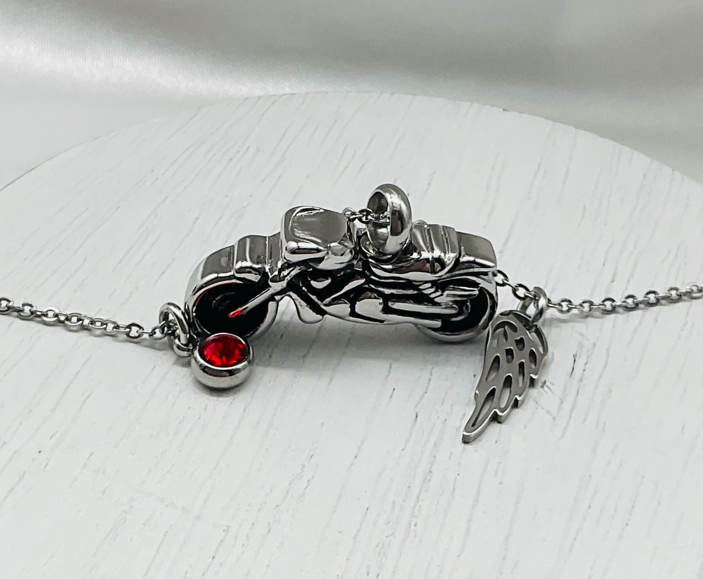 Motorcycle Ash Urn Necklace with Angel Wing and Birthstone
