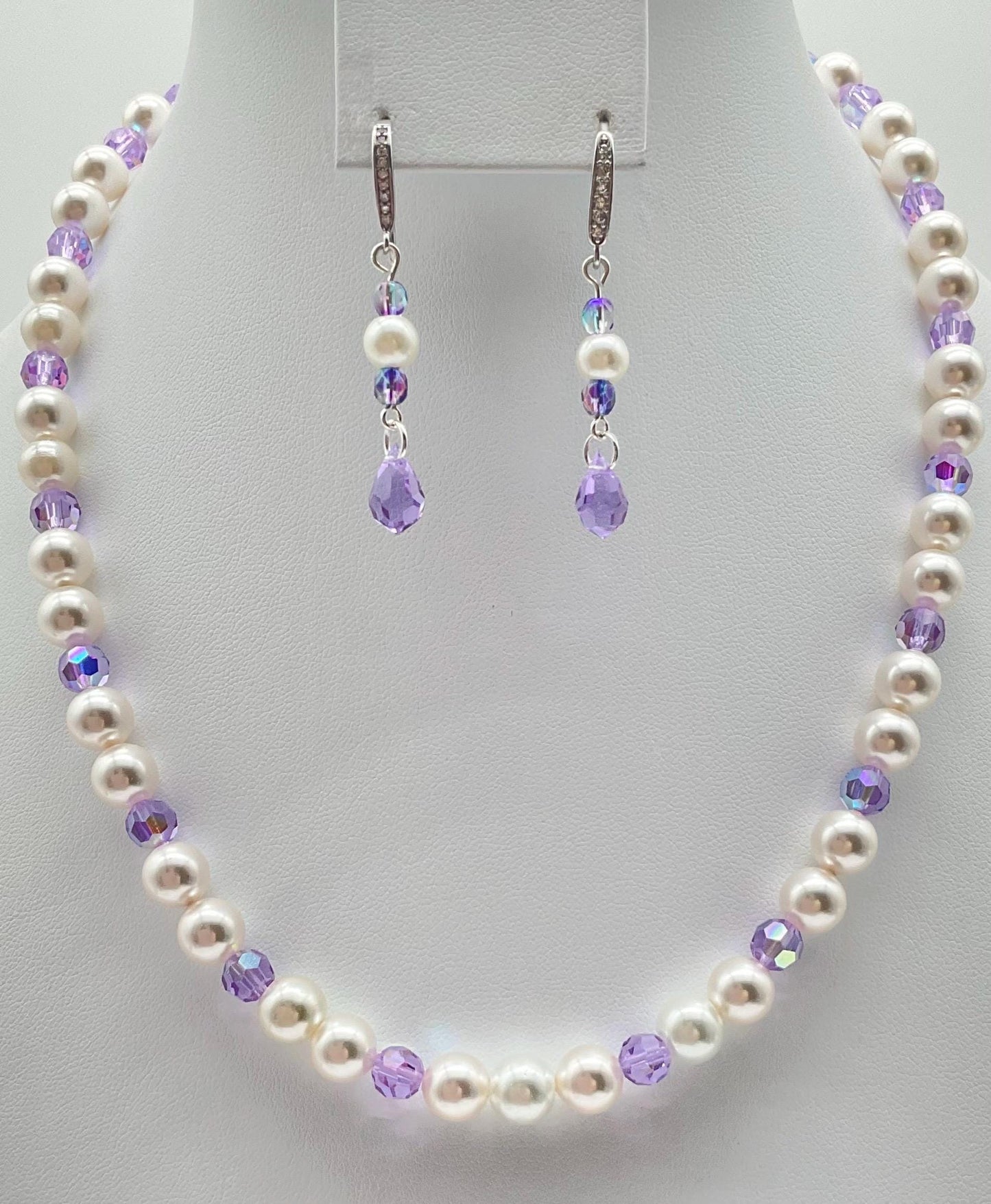 Assorted Colors Crystal and Pearl Necklace with Matching Earrings - Bridal Wedding Prom Formal Jewelry Pink, Lavender, Green, Blue, R. Blue