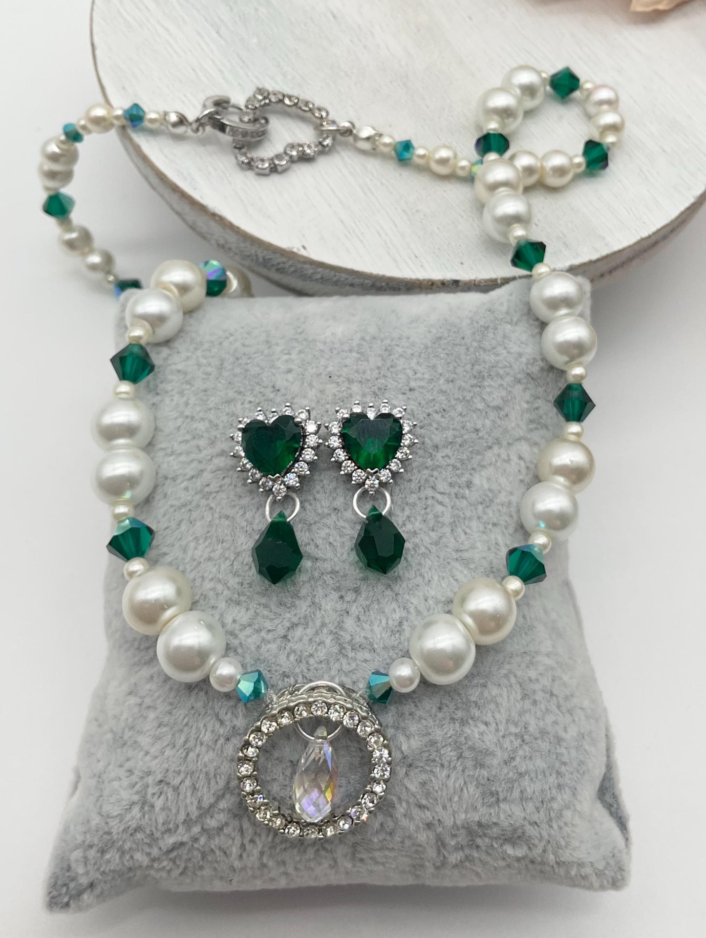 Assorted Colors Crystal and Pearl Necklace with Matching Earrings - Bridal Wedding Prom Formal Jewelry Pink, Lavender, Green, Blue, R. Blue