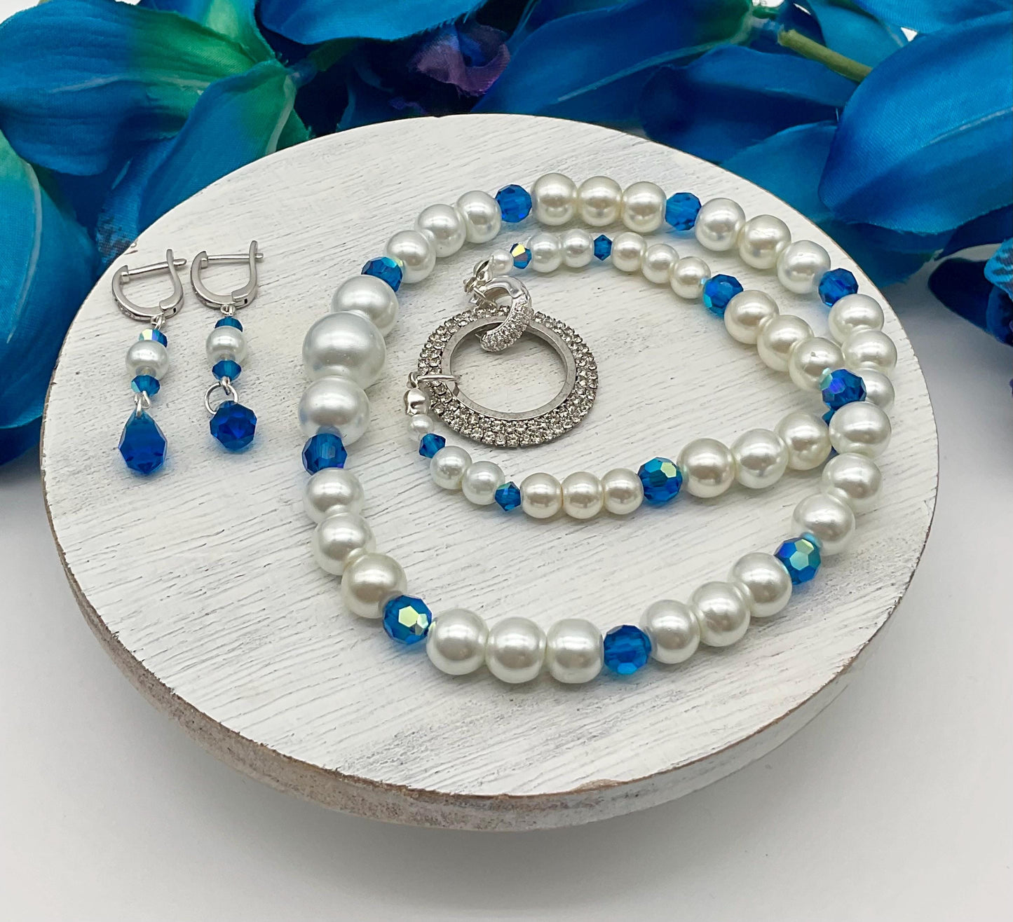 Assorted Colors Crystal and Pearl Necklace with Matching Earrings - Bridal Wedding Prom Formal Jewelry Pink, Lavender, Green, Blue, R. Blue