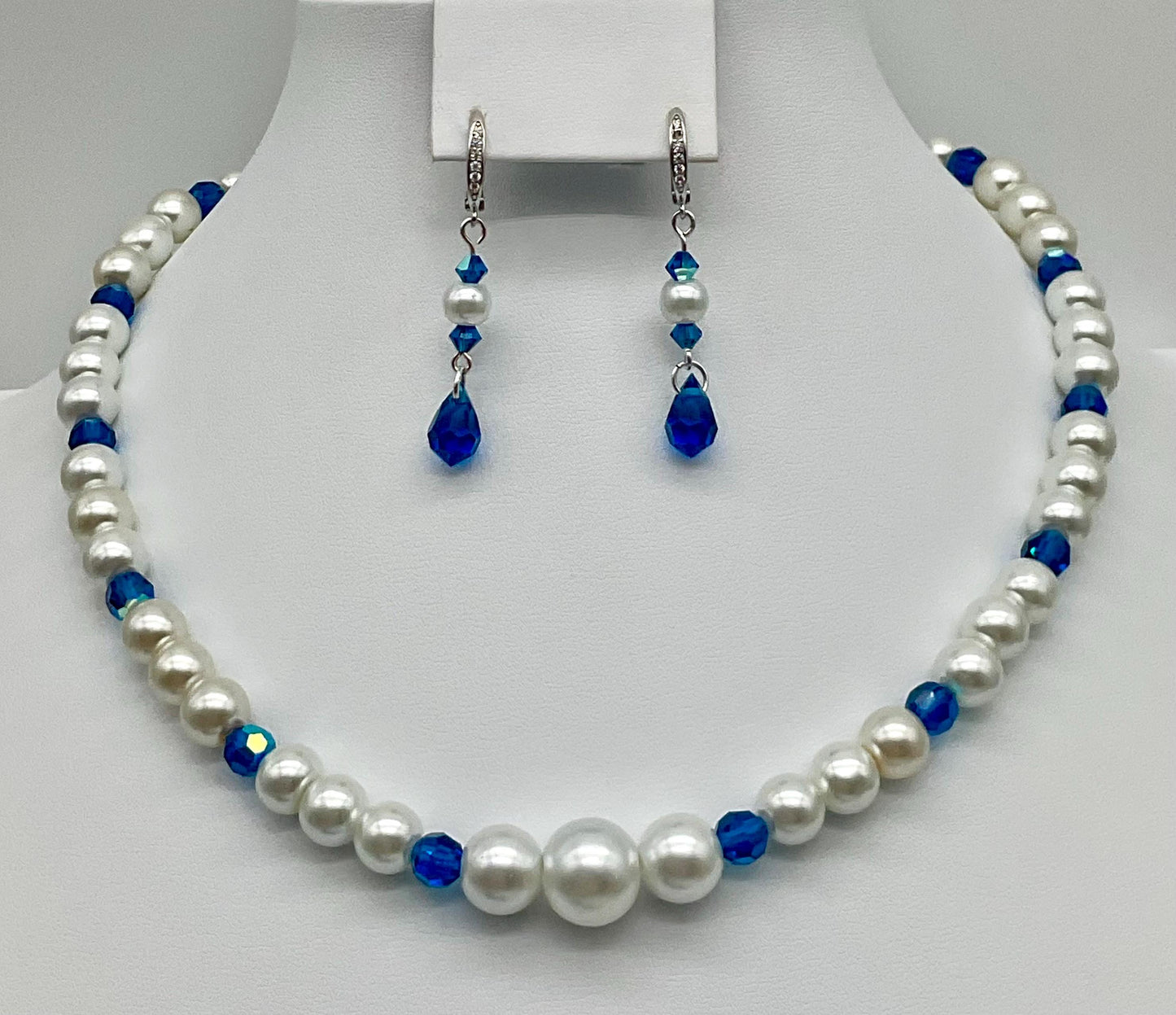 Assorted Colors Crystal and Pearl Necklace with Matching Earrings - Bridal Wedding Prom Formal Jewelry Pink, Lavender, Green, Blue, R. Blue