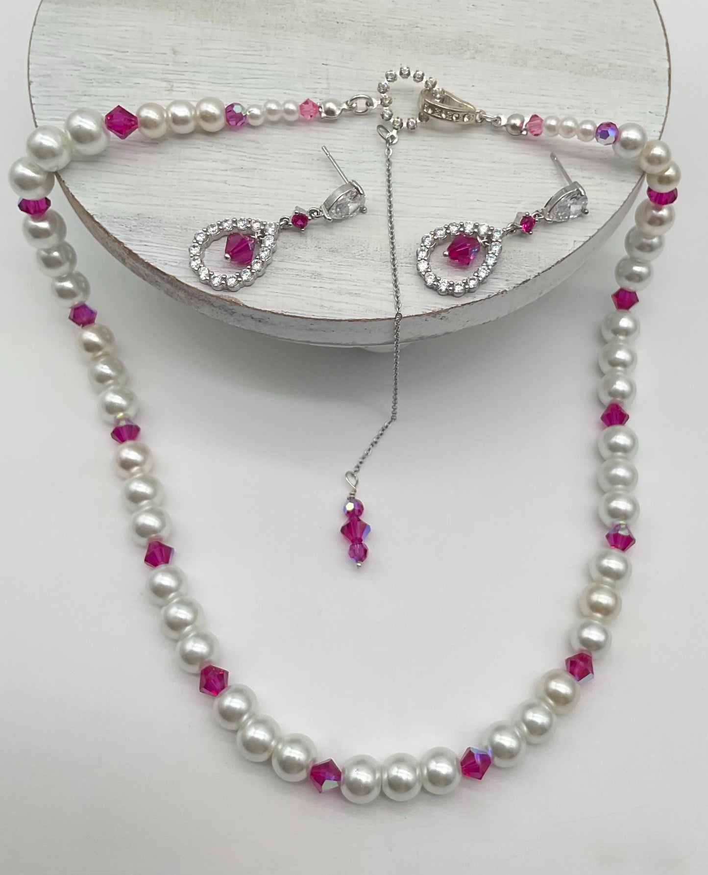 Assorted Colors Crystal and Pearl Necklace with Matching Earrings - Bridal Wedding Prom Formal Jewelry Pink, Lavender, Green, Blue, R. Blue