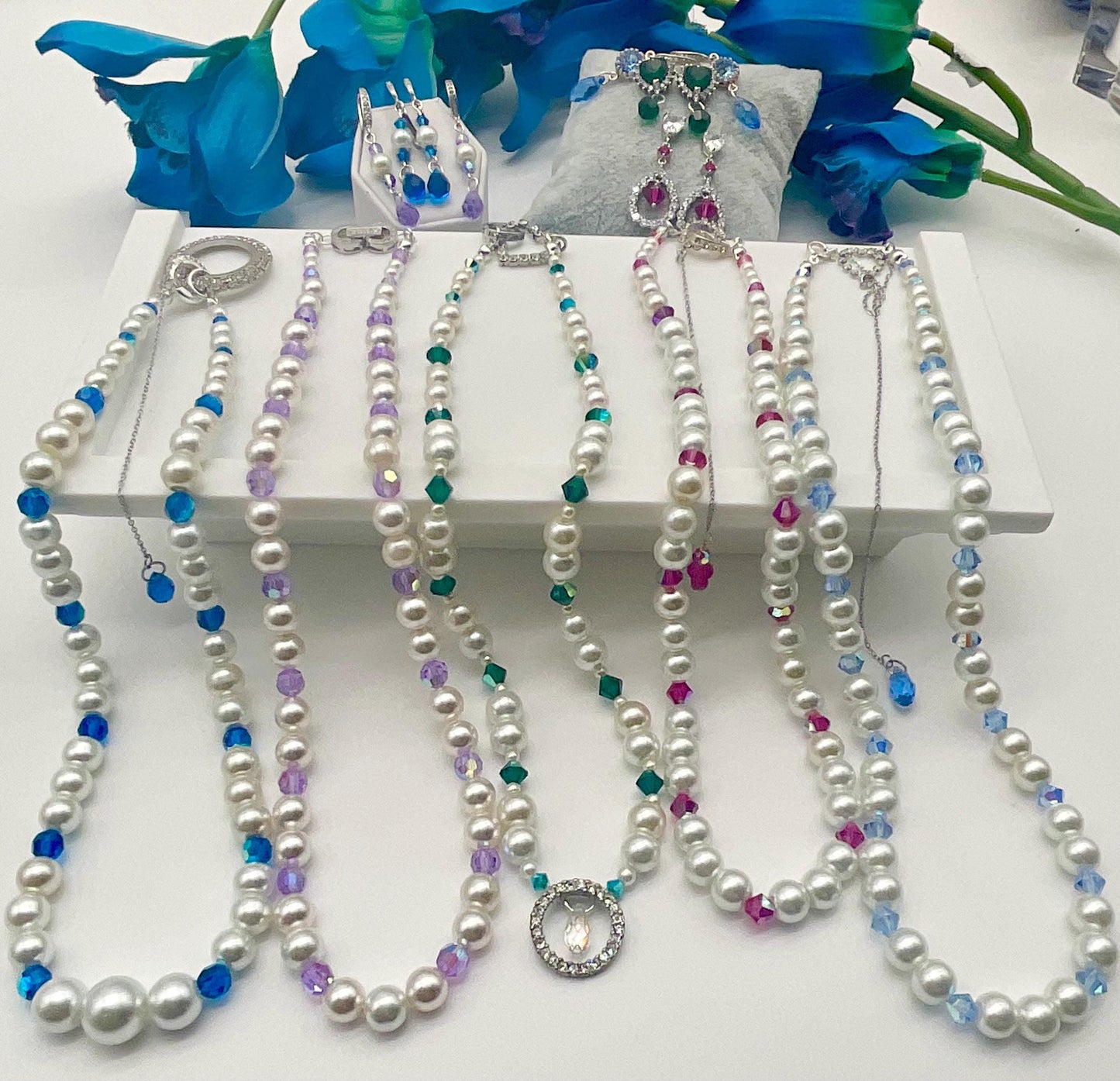 Assorted Colors Crystal and Pearl Necklace with Matching Earrings - Bridal Wedding Prom Formal Jewelry Pink, Lavender, Green, Blue, R. Blue