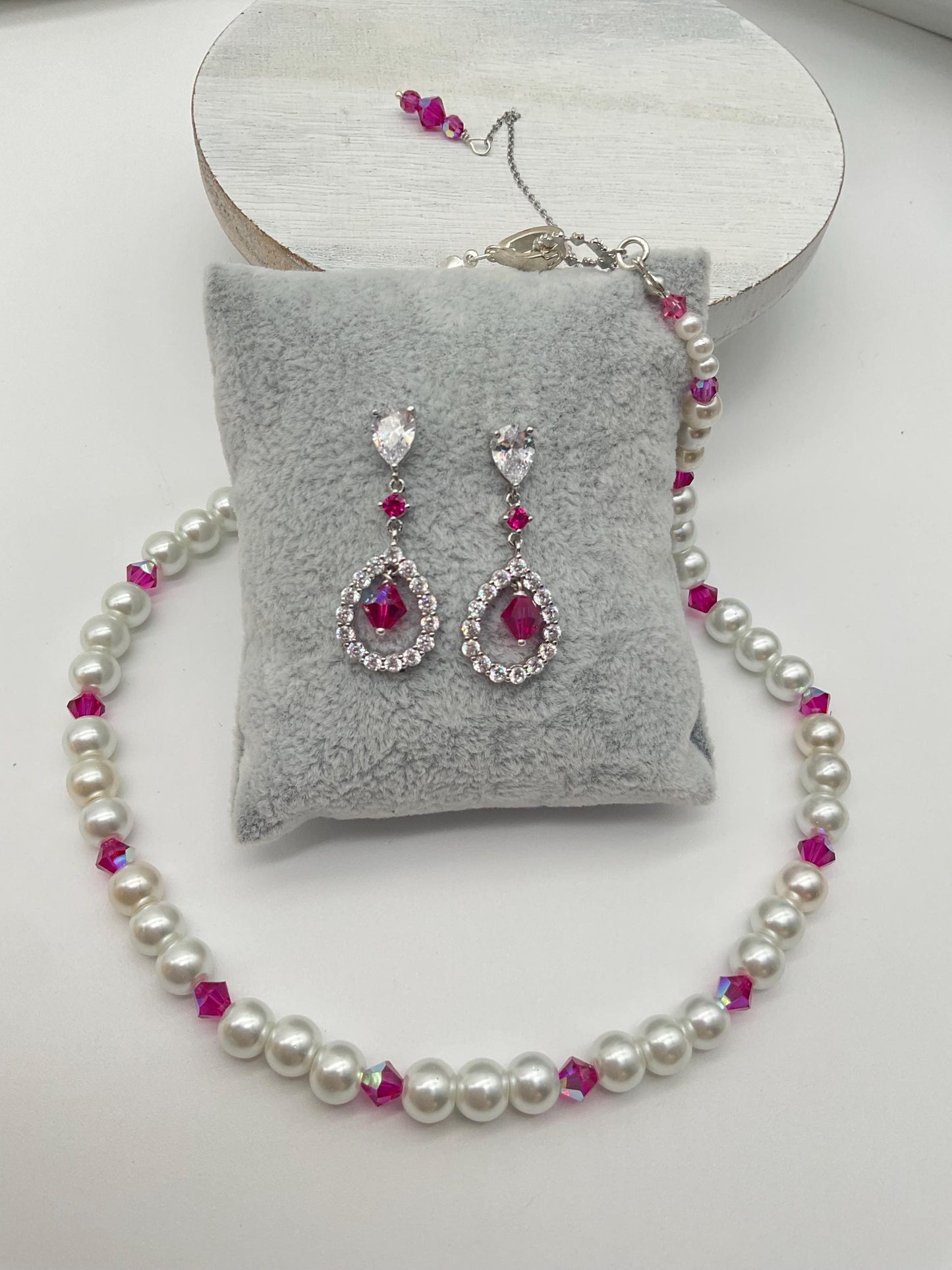 Assorted Colors Crystal and Pearl Necklace with Matching Earrings - Bridal Wedding Prom Formal Jewelry Pink, Lavender, Green, Blue, R. Blue