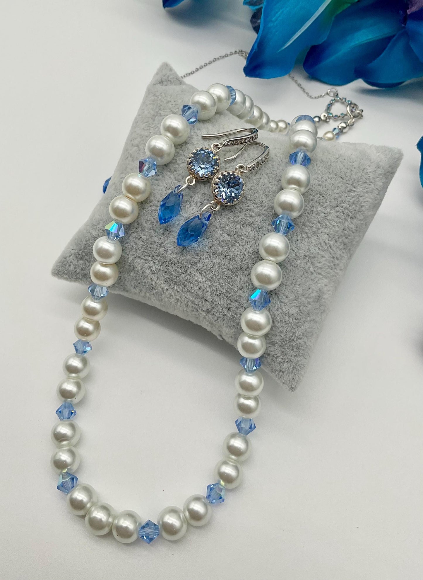 Assorted Colors Crystal and Pearl Necklace with Matching Earrings - Bridal Wedding Prom Formal Jewelry Pink, Lavender, Green, Blue, R. Blue