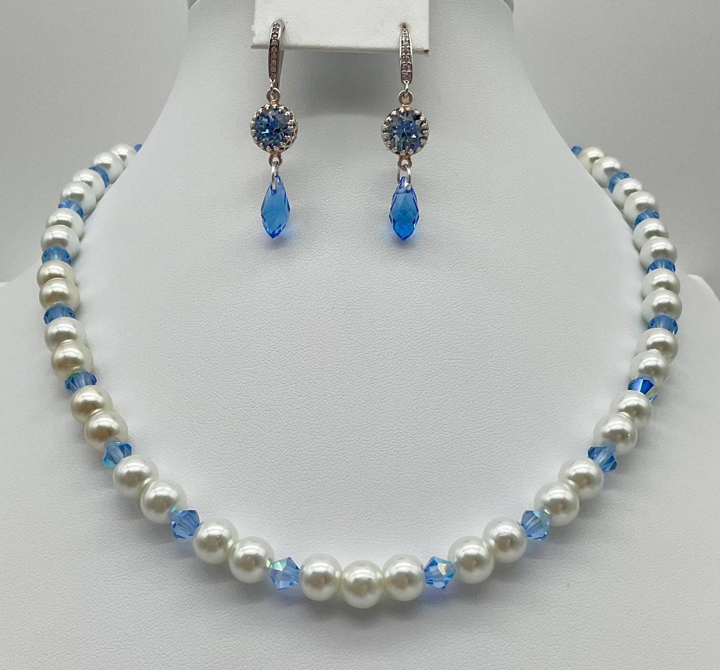 Assorted Colors Crystal and Pearl Necklace with Matching Earrings - Bridal Wedding Prom Formal Jewelry Pink, Lavender, Green, Blue, R. Blue