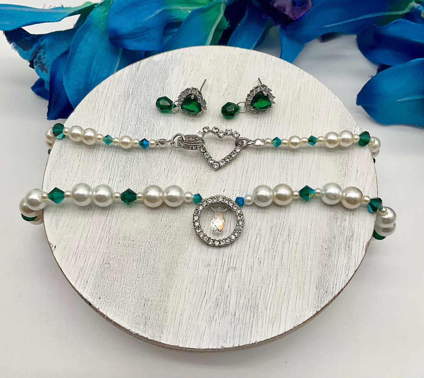 Assorted Colors Crystal and Pearl Necklace with Matching Earrings - Bridal Wedding Prom Formal Jewelry Pink, Lavender, Green, Blue, R. Blue